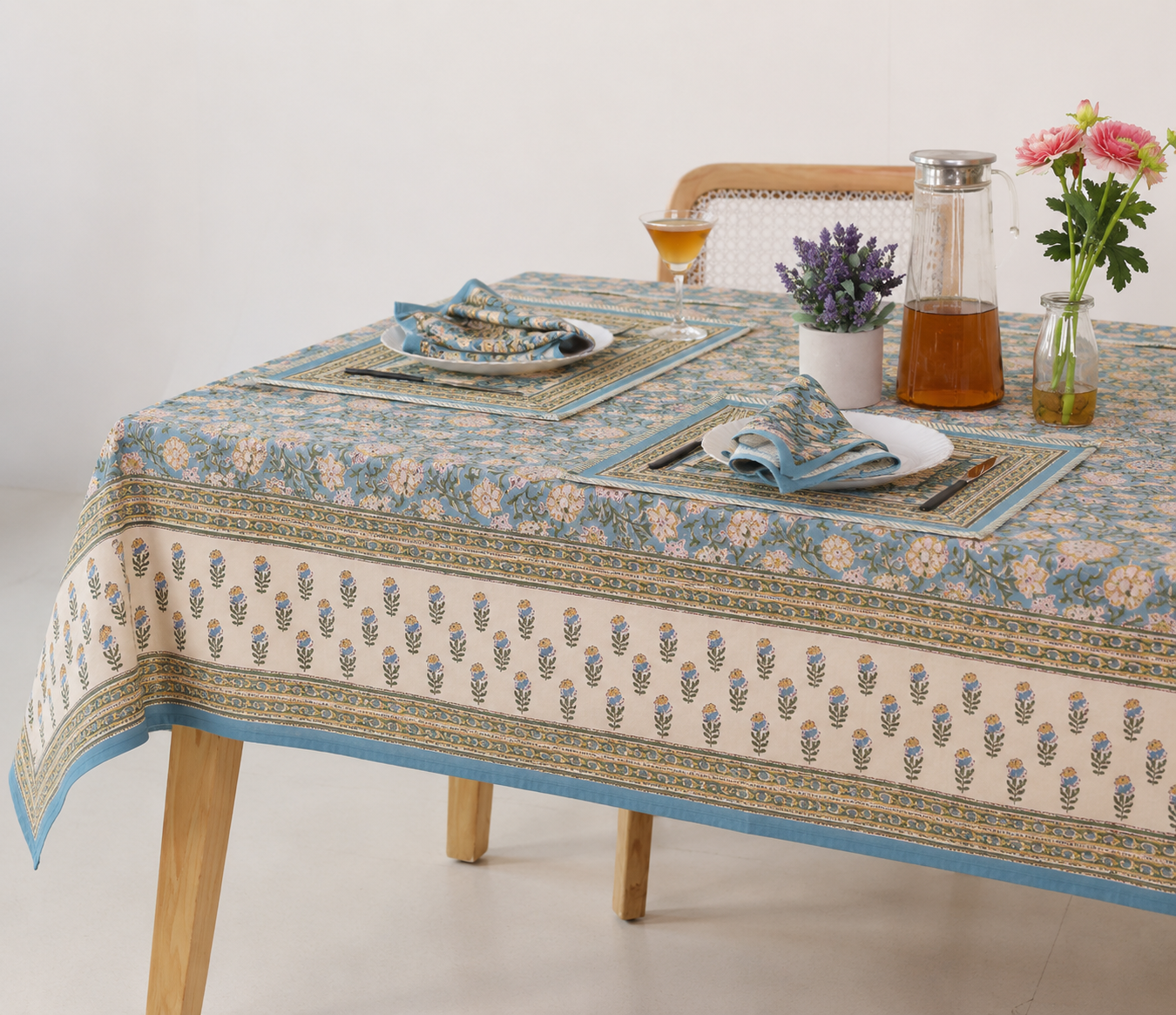 Blue & Gold Floral Hand Block Print Cotton Tablecloth (60 x 90) – Elegant Jaipur Dining Table Cover