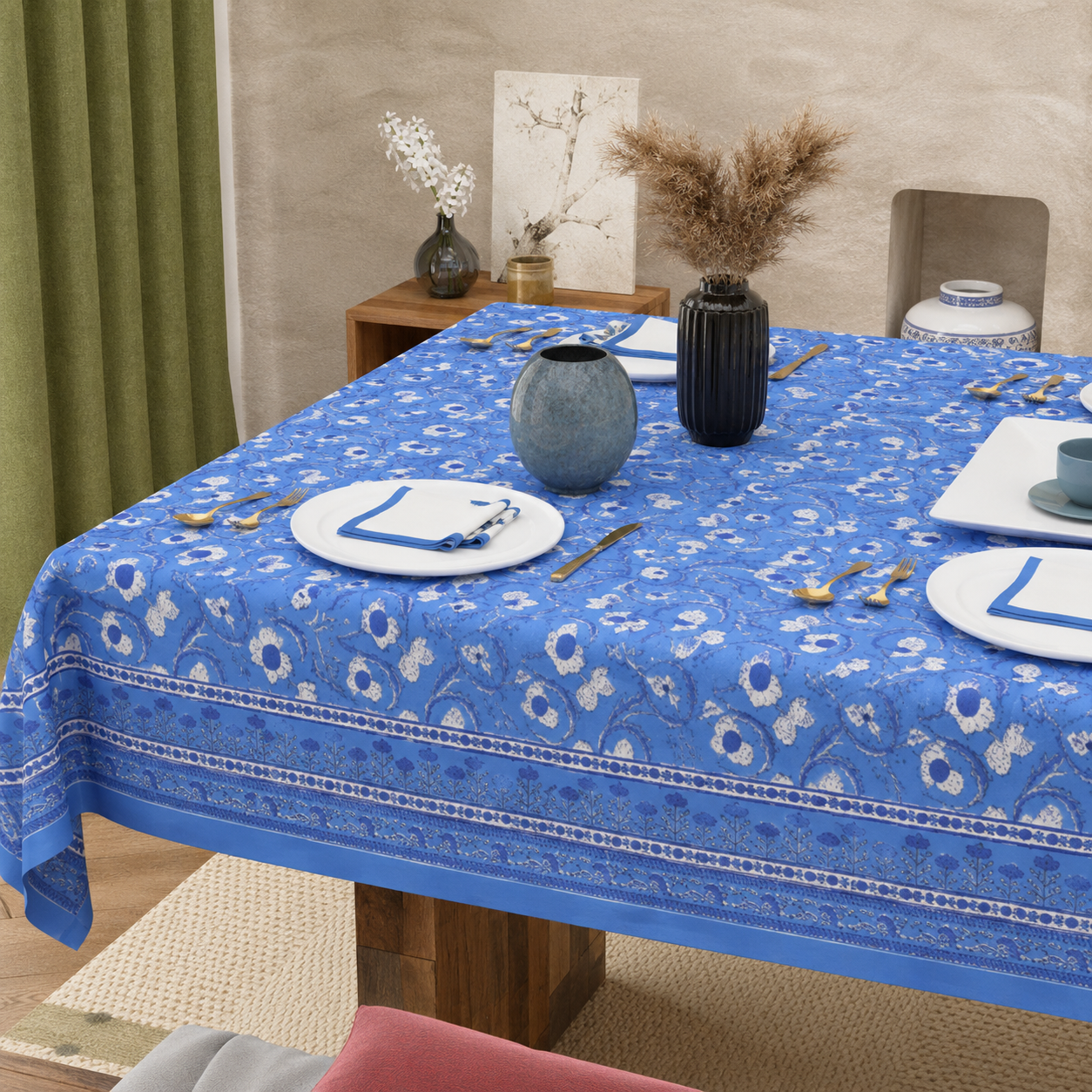 Blue Floral Hand Block Print Cotton Tablecloth (60 x 90) – Elegant Jaipur Dining Décor