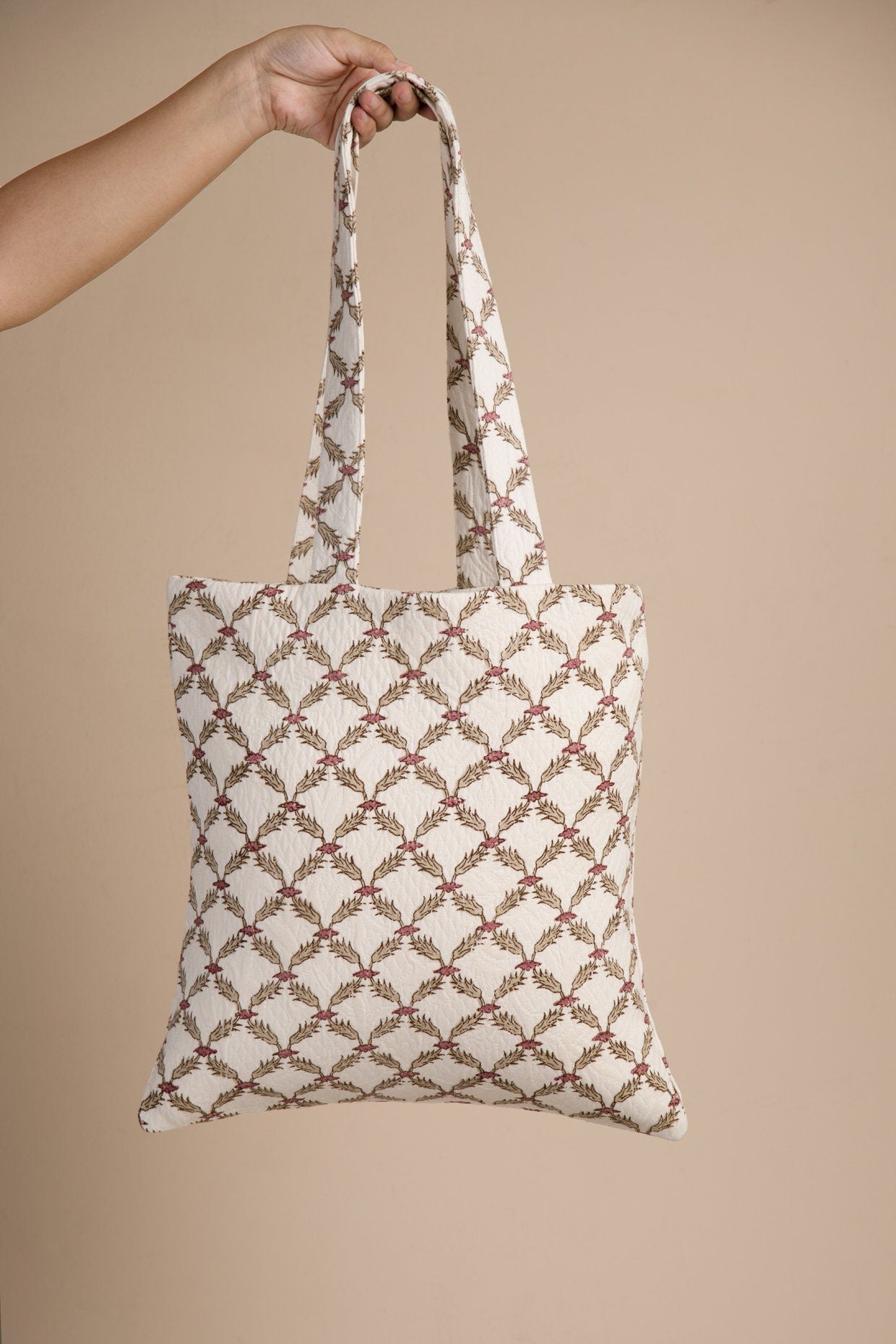 Handmade Jacquard Tote Bag - Patterned Cotton Pique Laptop and Book Bag with Artisan Design
