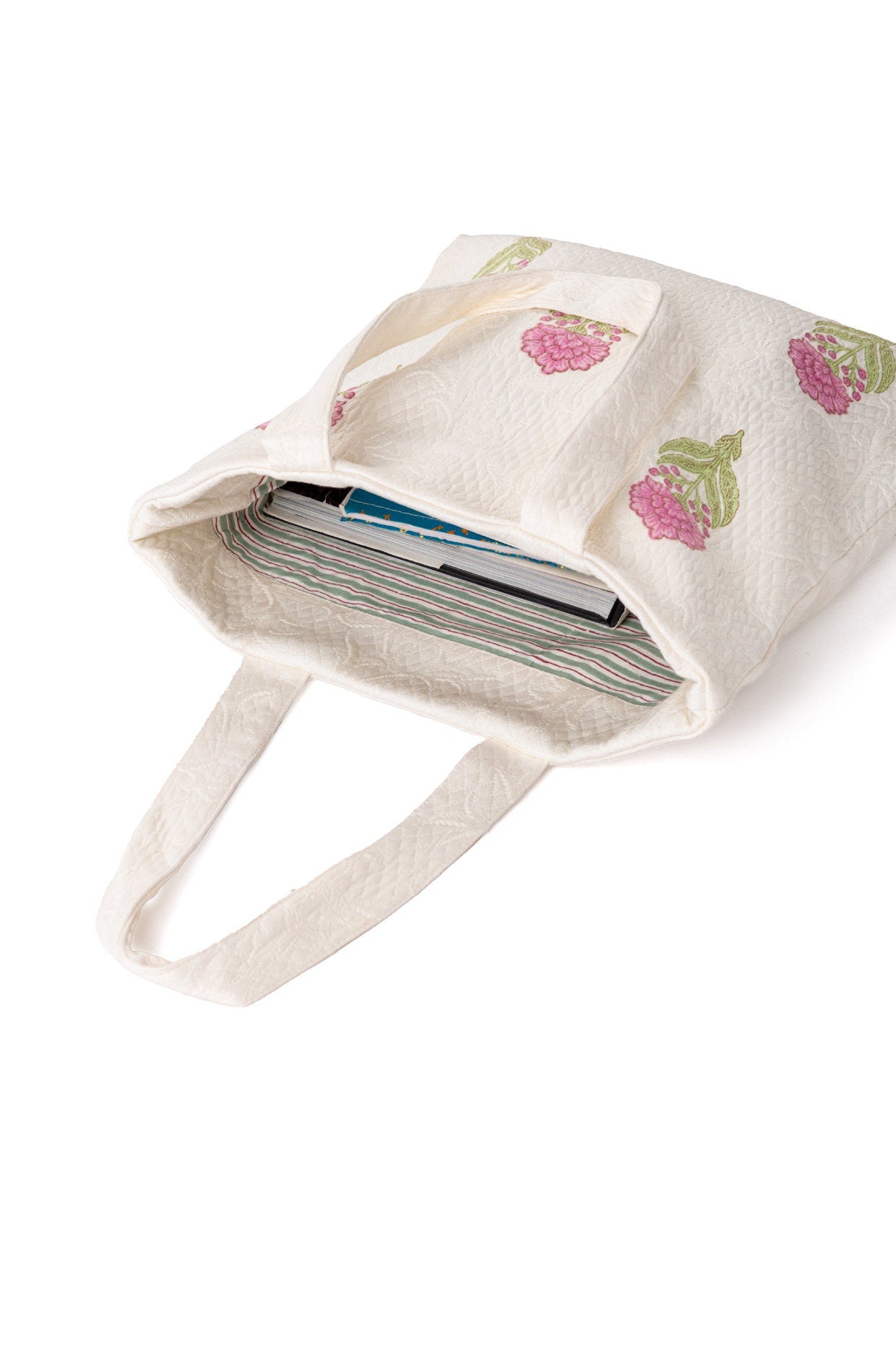 Handmade Jacquard Quilted Tote Bag - Floral Print Cotton Pique Shoulder Bag