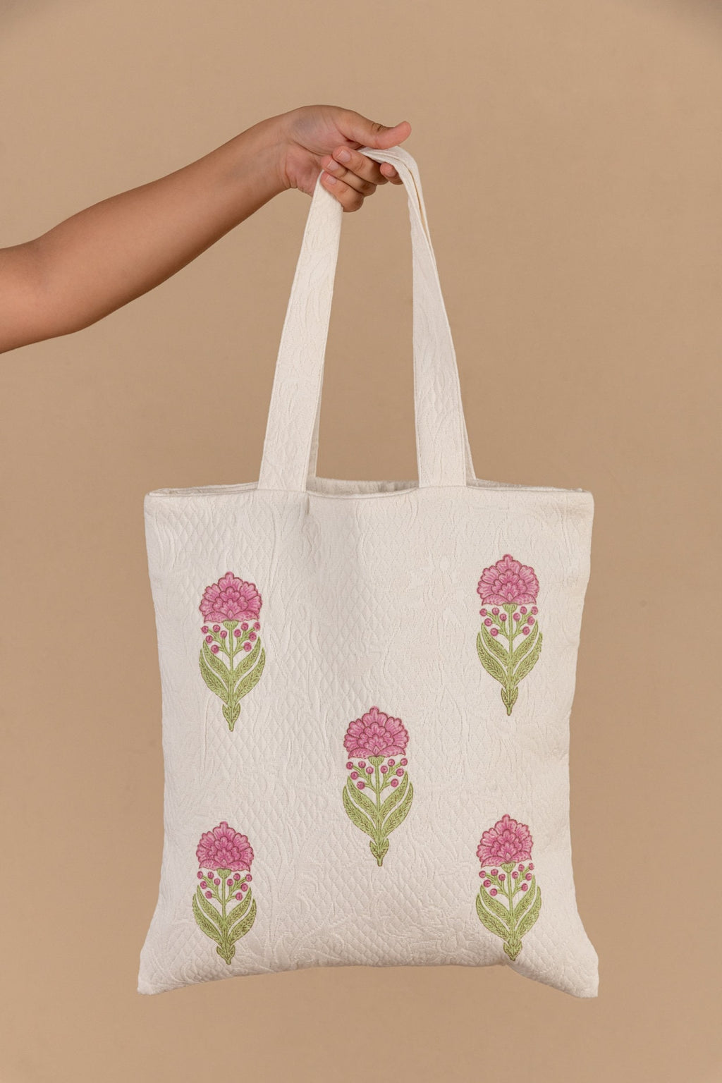 Handmade Jacquard Quilted Tote Bag - Floral Print Cotton Pique Shoulder Bag