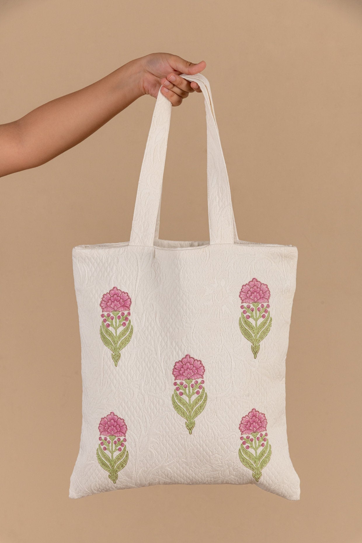 Handmade Jacquard Quilted Tote Bag - Floral Print Cotton Pique Shoulder Bag
