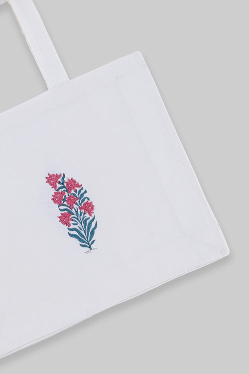 Floral Blockprint Canvas Utility Bag - Reusable Shopping Tote with Indian Block Print