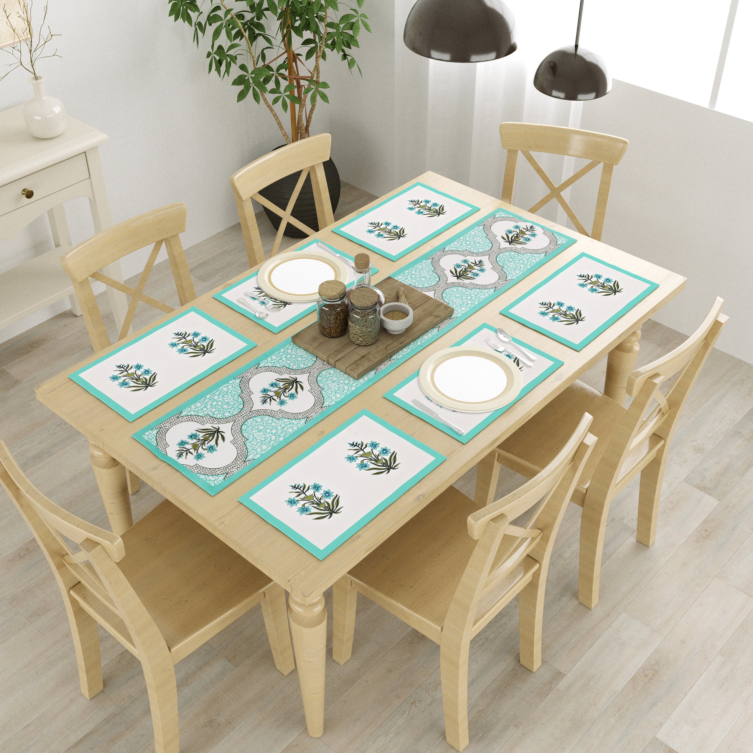 Handmade Indian Block Print Table Runner and Placemat Set - Mughal Design Dining Decor