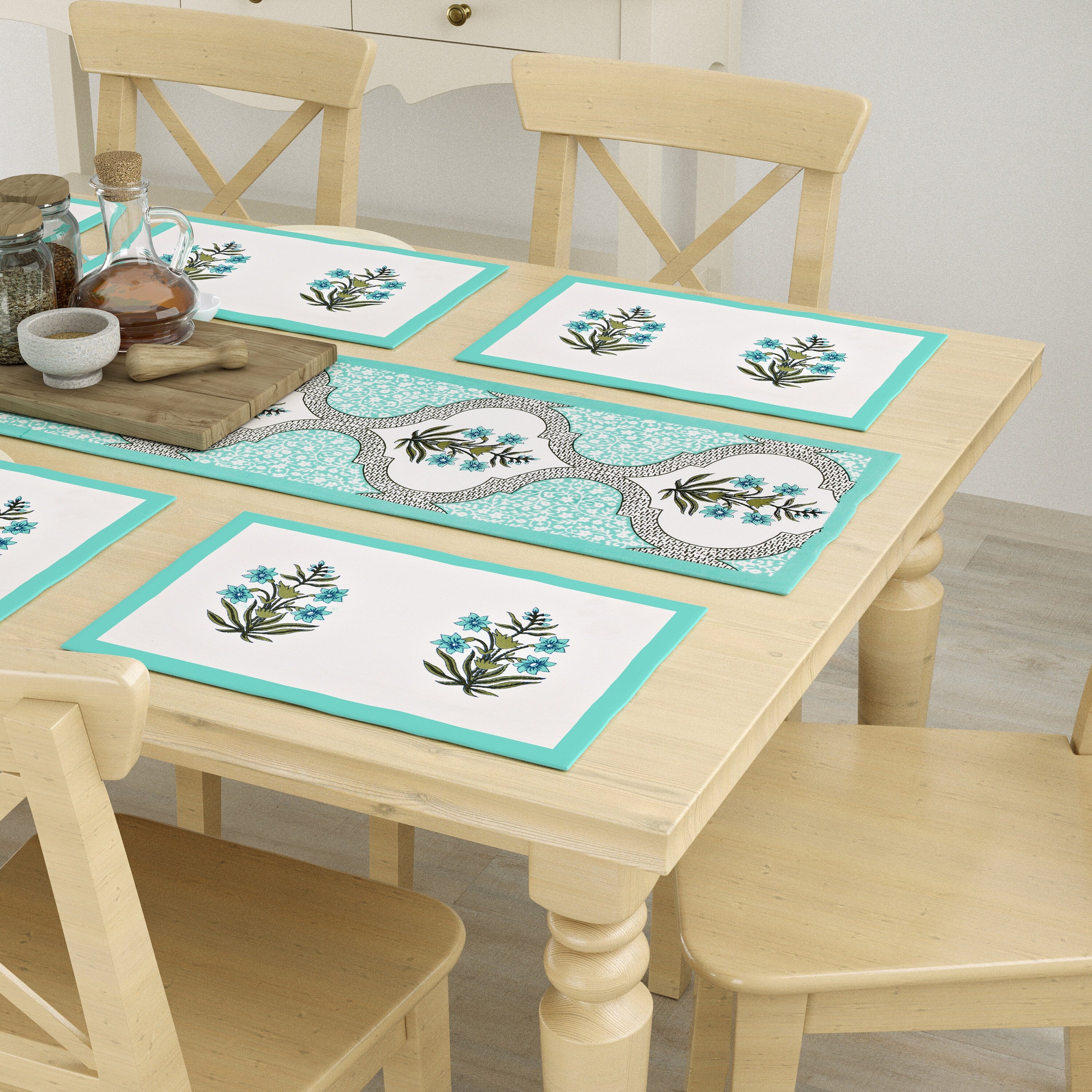 Handmade Indian Block Print Table Runner and Placemat Set - Mughal Design Dining Decor