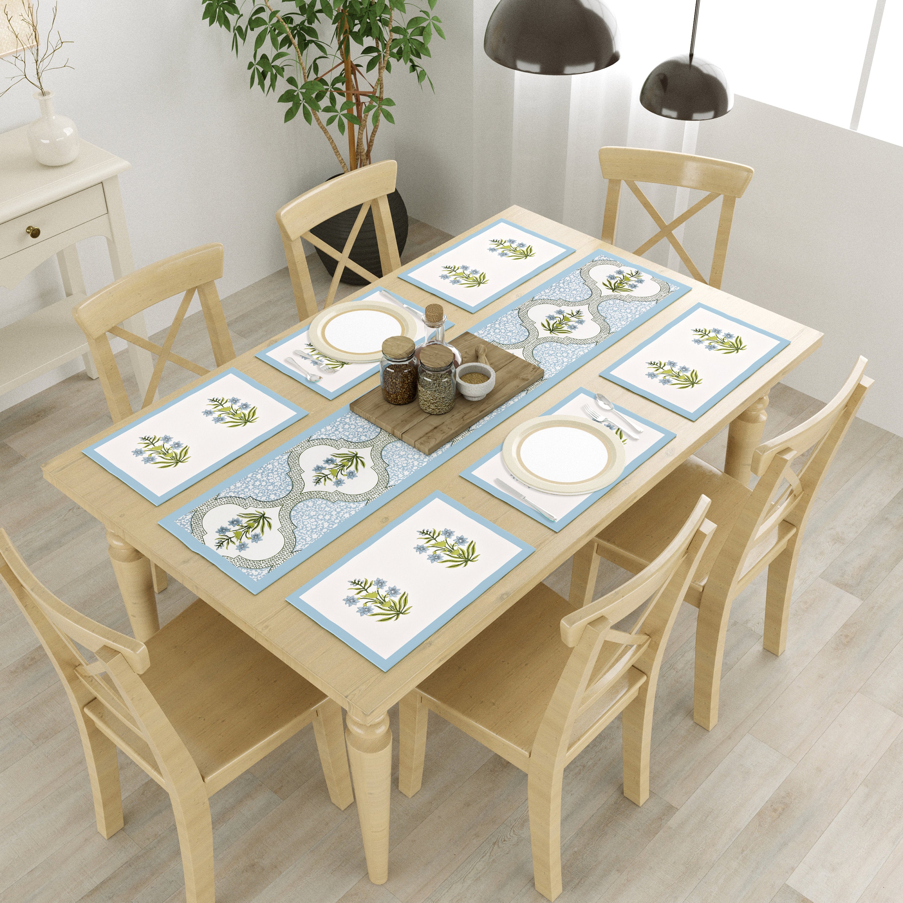 Handmade Cotton Table Runner and Placemat Set - Indian Block Print Dining Decor