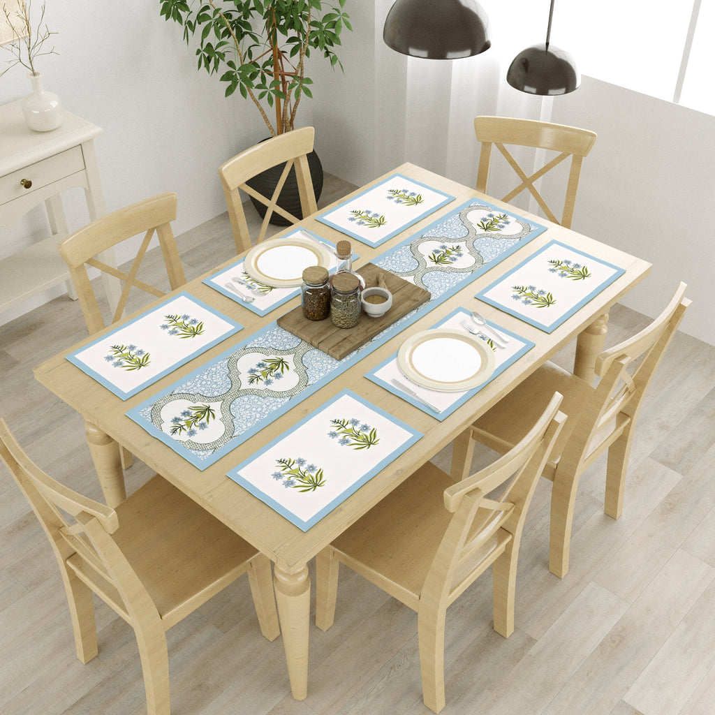 Indian Block Print Table Runner and Placemat Set - Mughal Floral Cotton Dining Decor