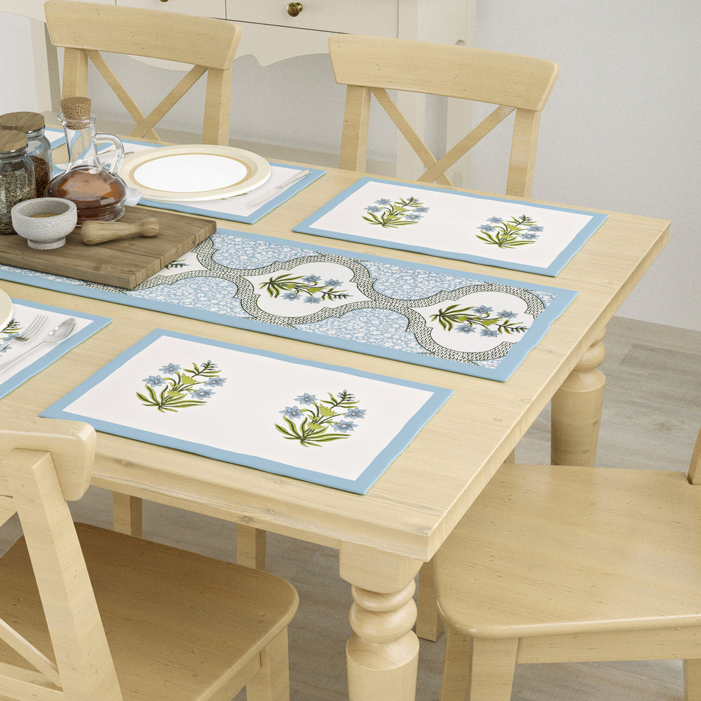 Indian Block Print Table Runner and Placemat Set - Mughal Floral Cotton Dining Decor