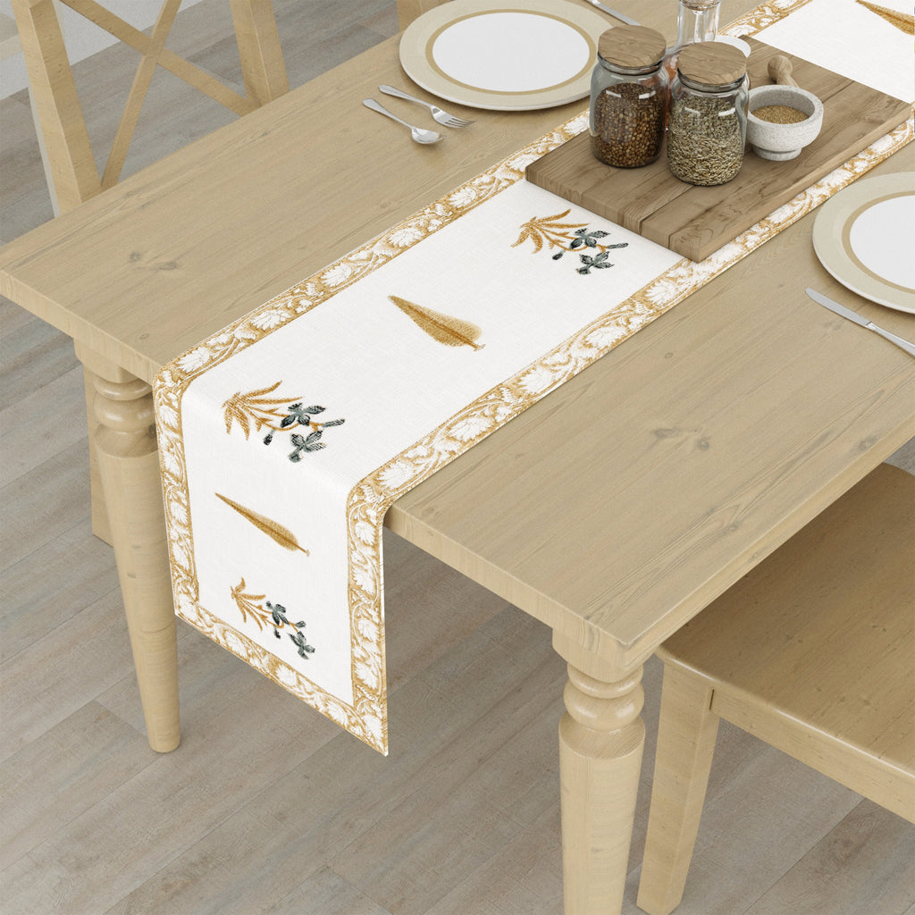 Handwoven Cotton Table Runner - Golden Tree Blockprint Mughal Design Dining Decor