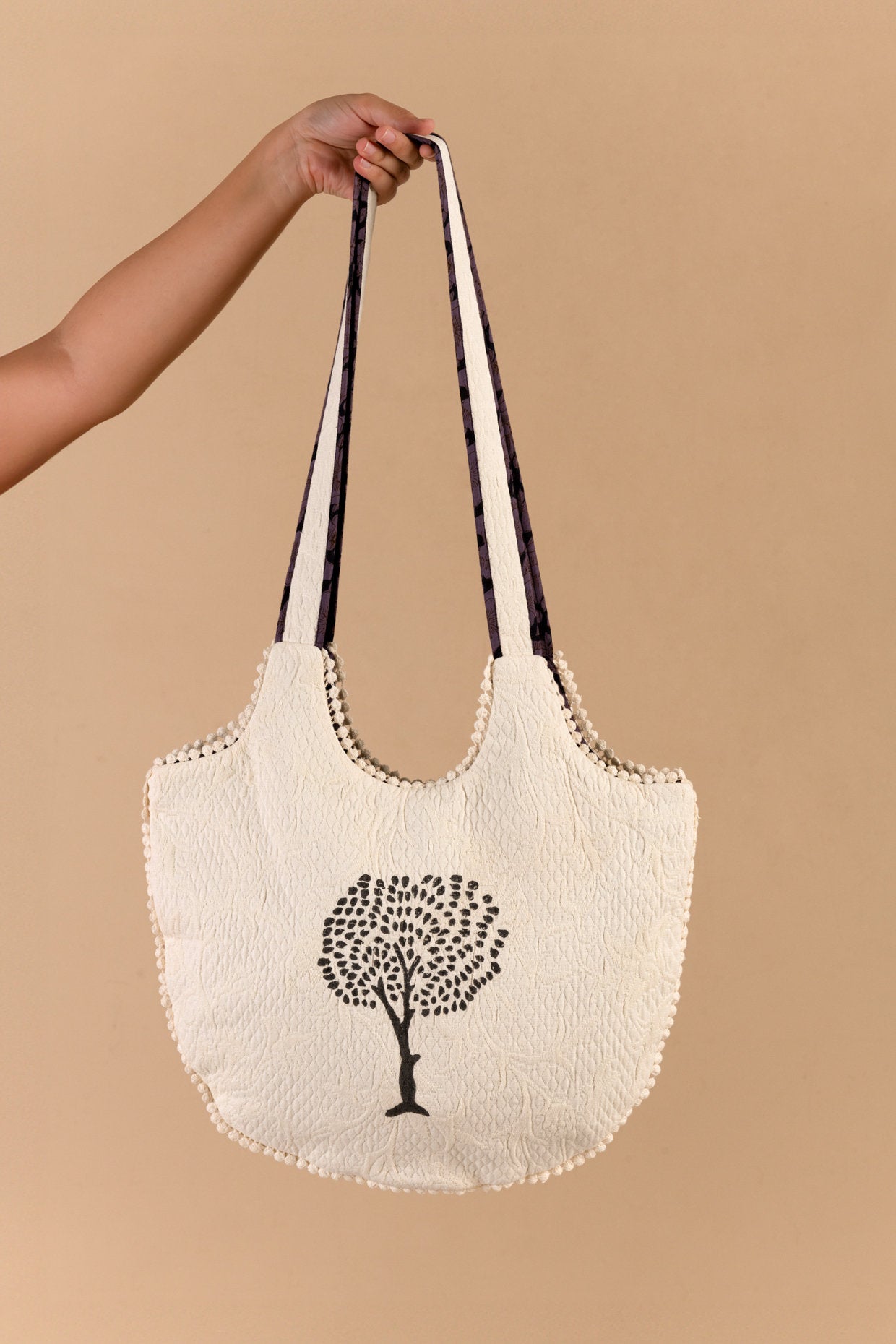 Handmade Jacquard Cotton Shoulder Bag - Tree Print Patterned Sling Bag