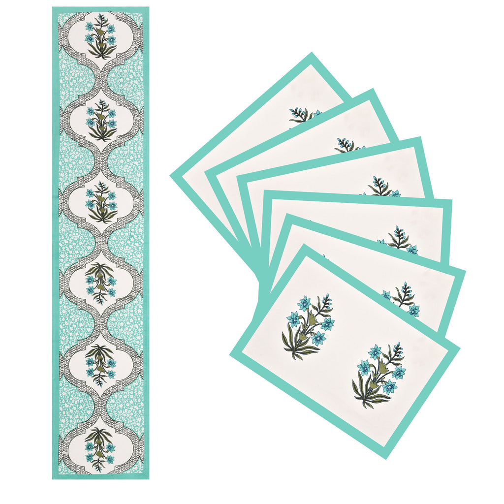 Handmade Indian Block Print Table Runner and Placemat Set - Mughal Design Dining Decor