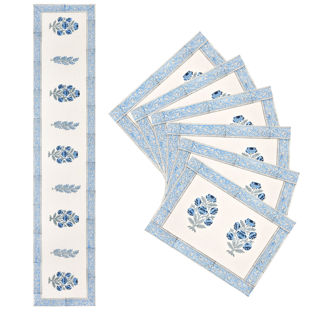Handmade Indian Block Print Table Runner and Placemat Set - Traditional Mughal Floral Dining Decor