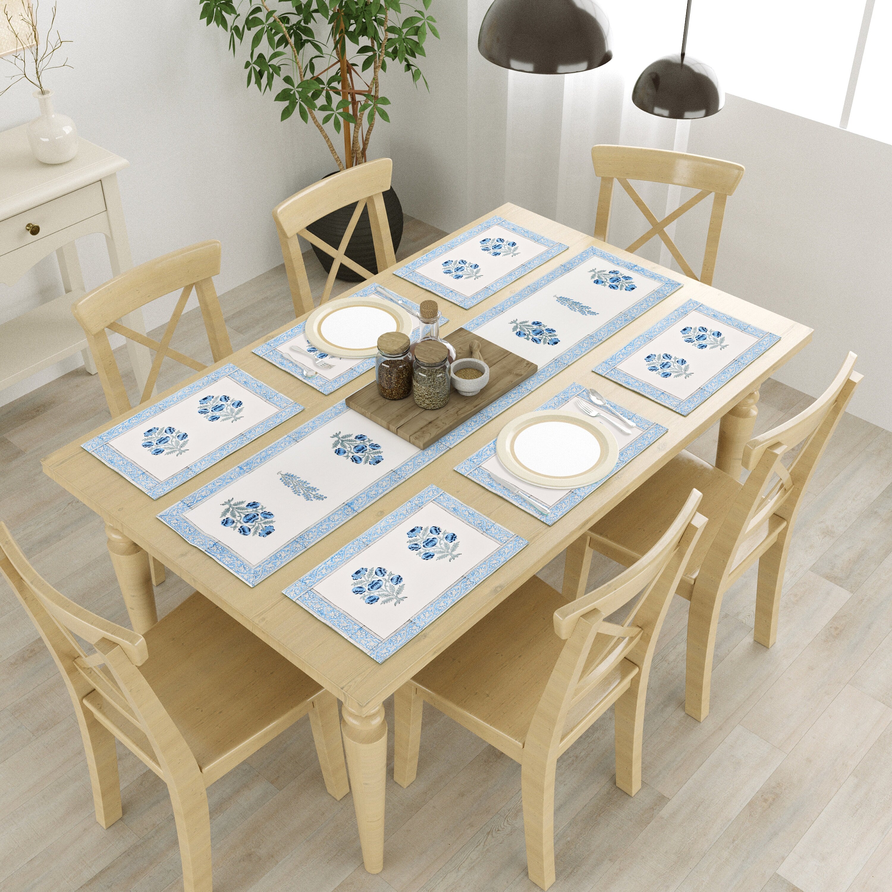 Handmade Indian Block Print Table Runner and Placemat Set - Traditional Mughal Floral Dining Decor