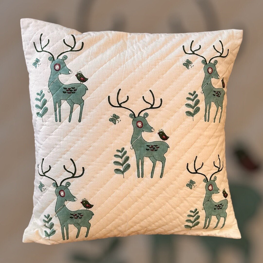 Hand Quilted Christmas Reindeer Pillow Cover – Hand Block Print Cotton Cushion
