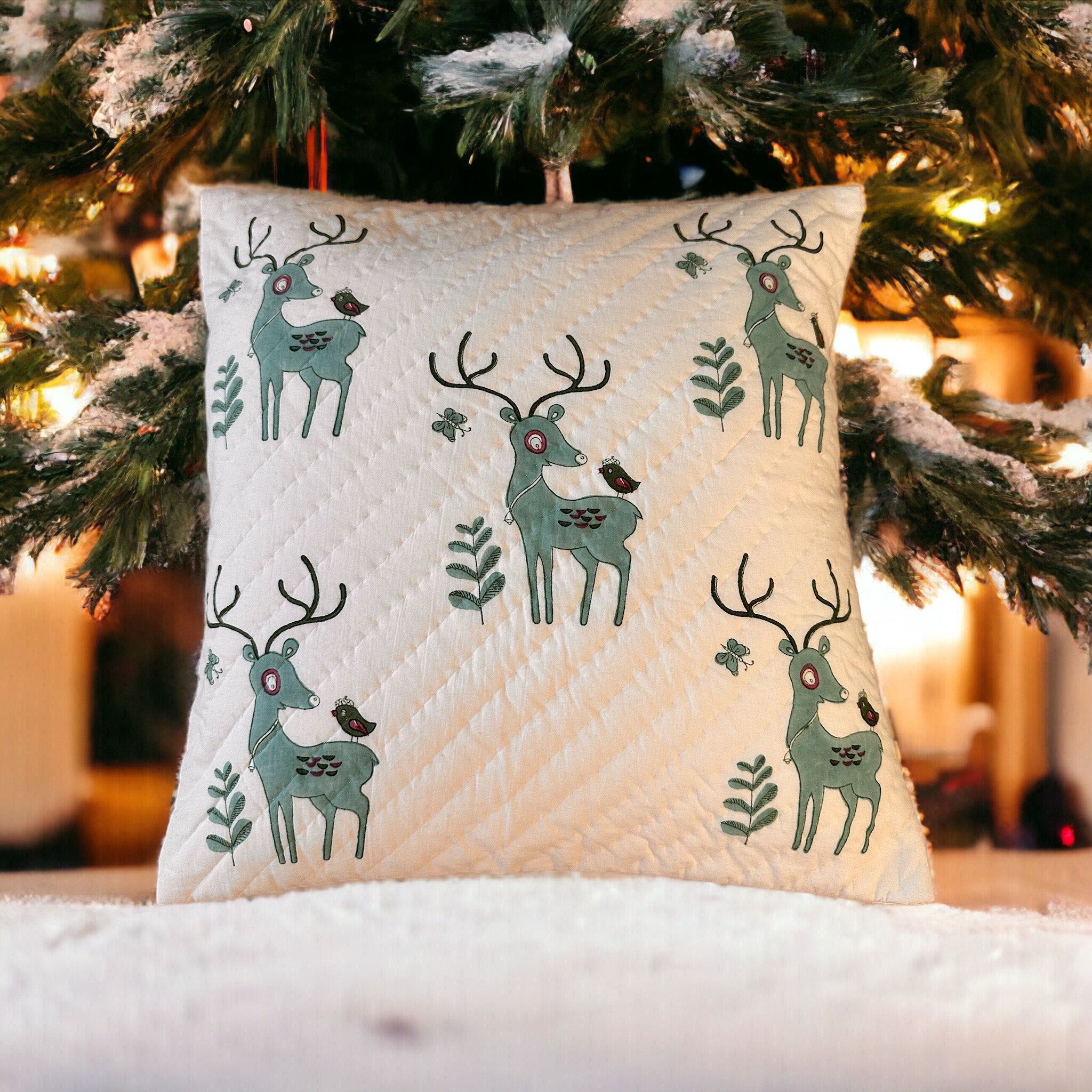 Hand Quilted Christmas Reindeer Pillow Cover – Hand Block Print Cotton Cushion