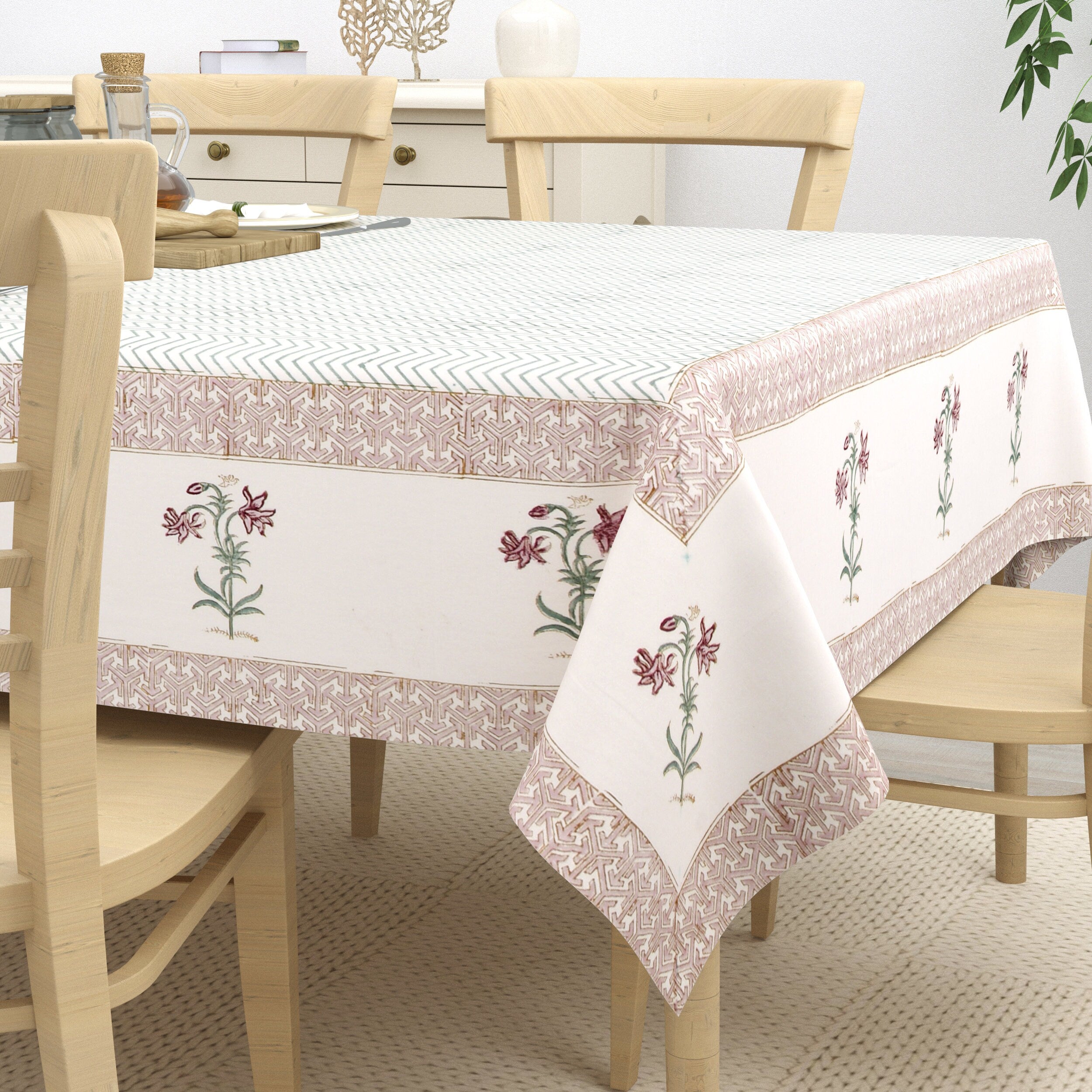 Hand Block Printed Cotton Tablecloth - Indian Floral Dining Cover with Traditional Block Print