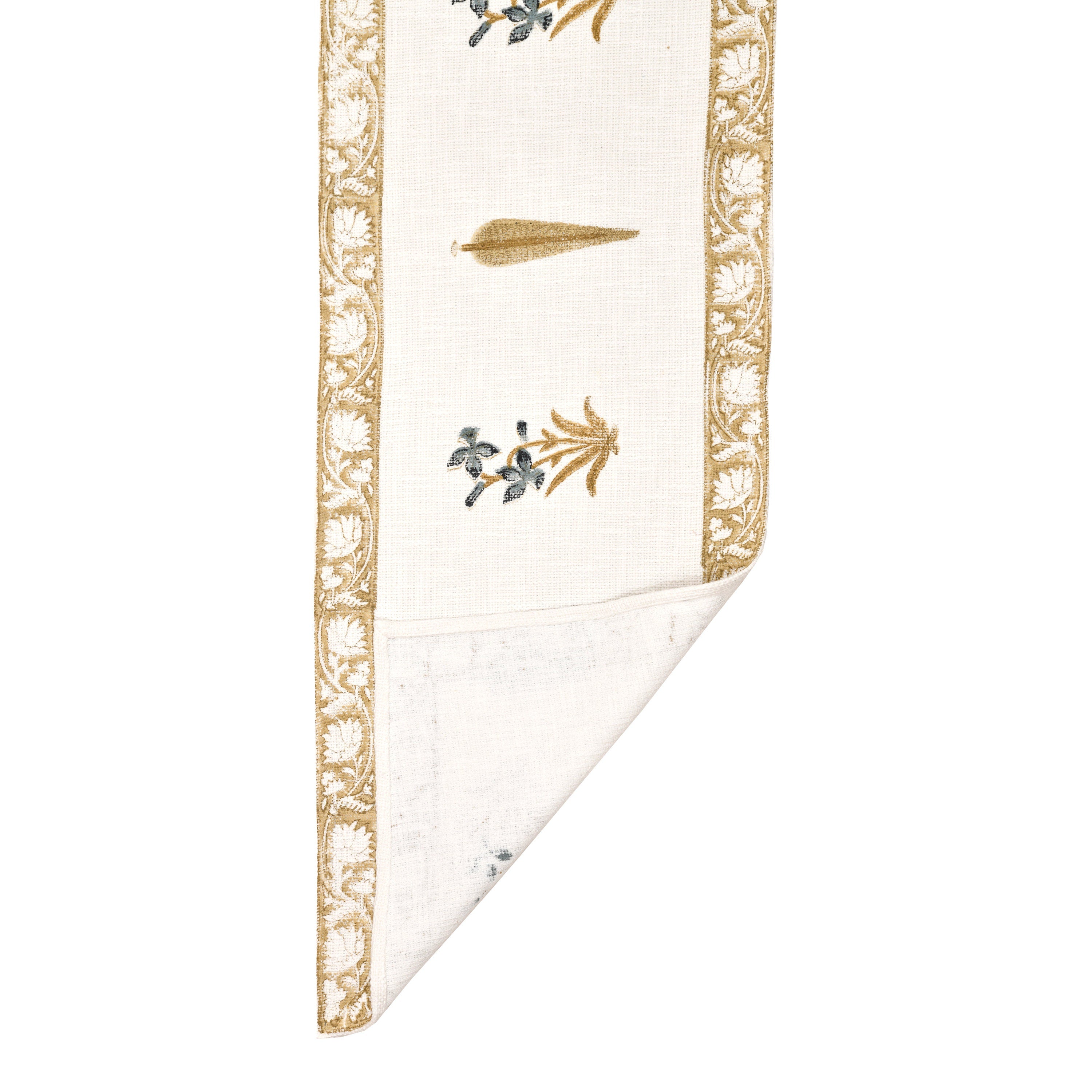 Handwoven Cotton Table Runner - Golden Tree Blockprint Mughal Design Dining Decor