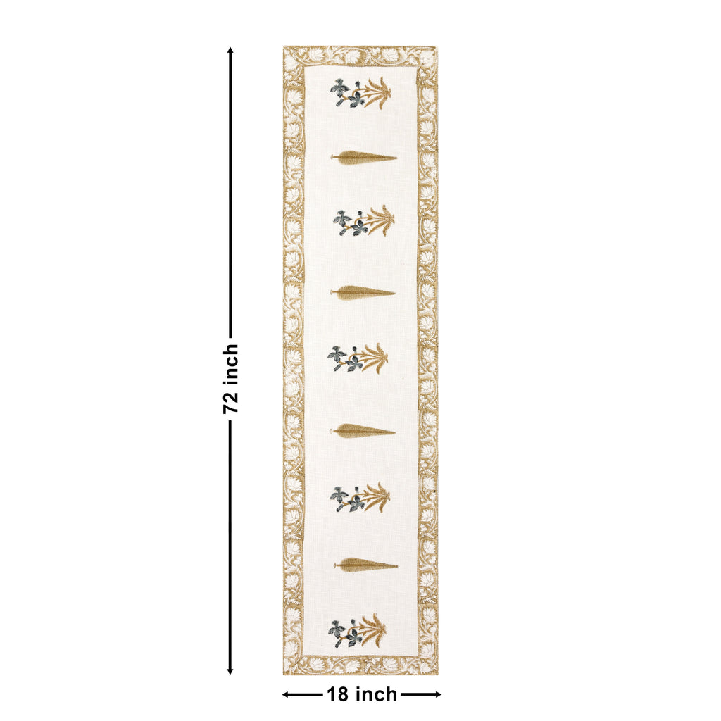 Handwoven Cotton Table Runner - Golden Tree Blockprint Mughal Design Dining Decor