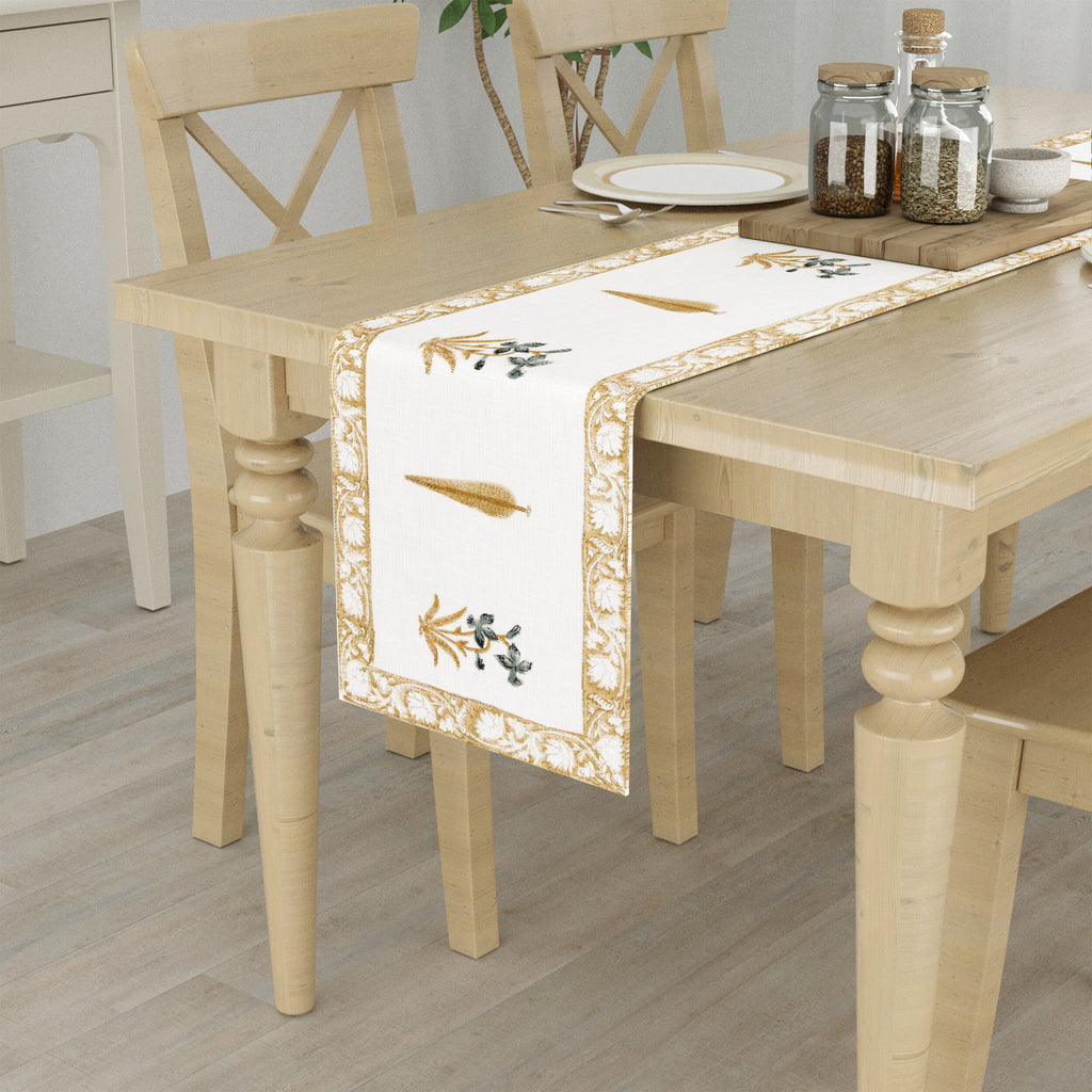 Handwoven Cotton Table Runner - Golden Tree Blockprint Mughal Design Dining Decor