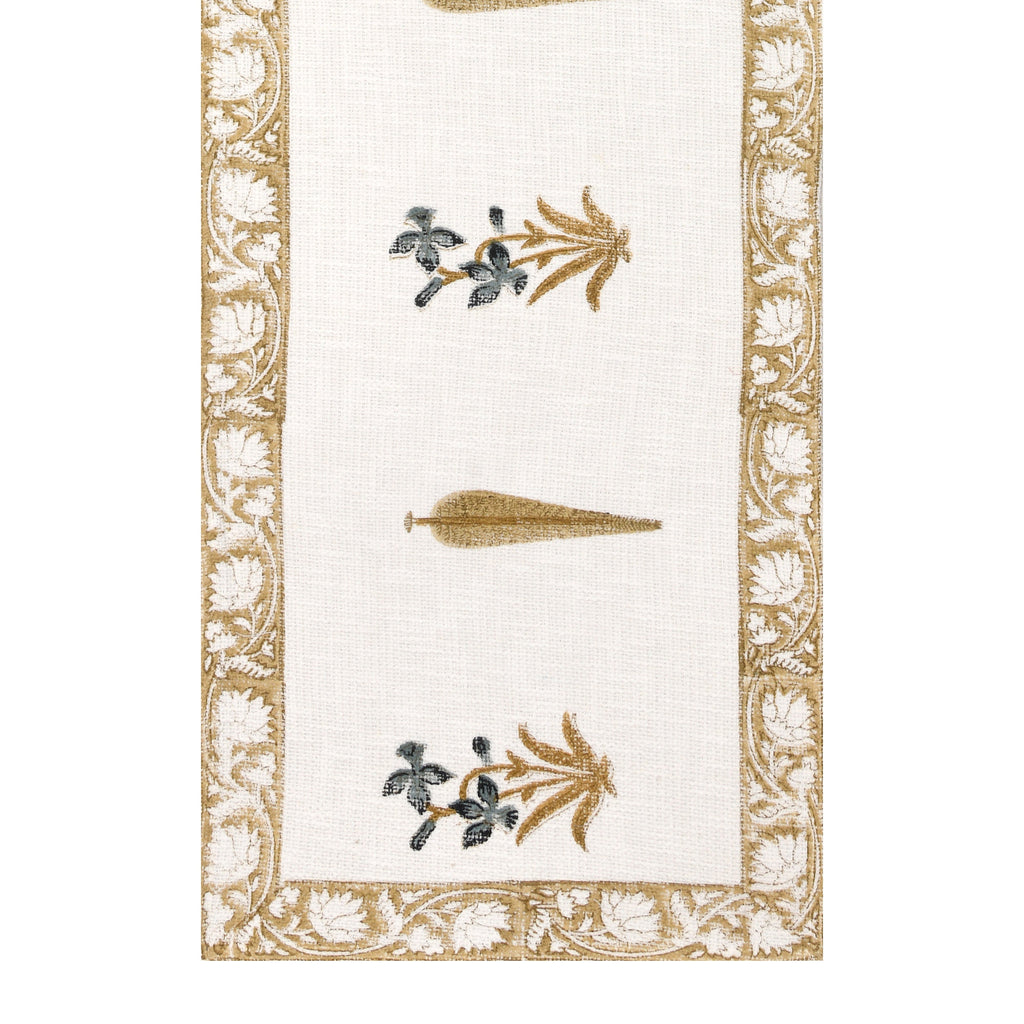 Handwoven Cotton Table Runner - Golden Tree Blockprint Mughal Design Dining Decor