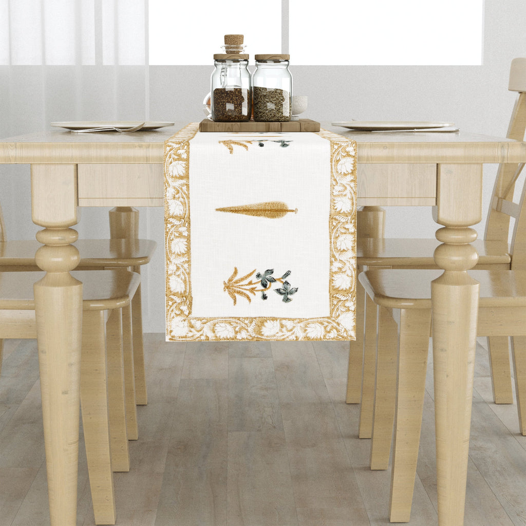 Handwoven Cotton Table Runner - Golden Tree Blockprint Mughal Design Dining Decor