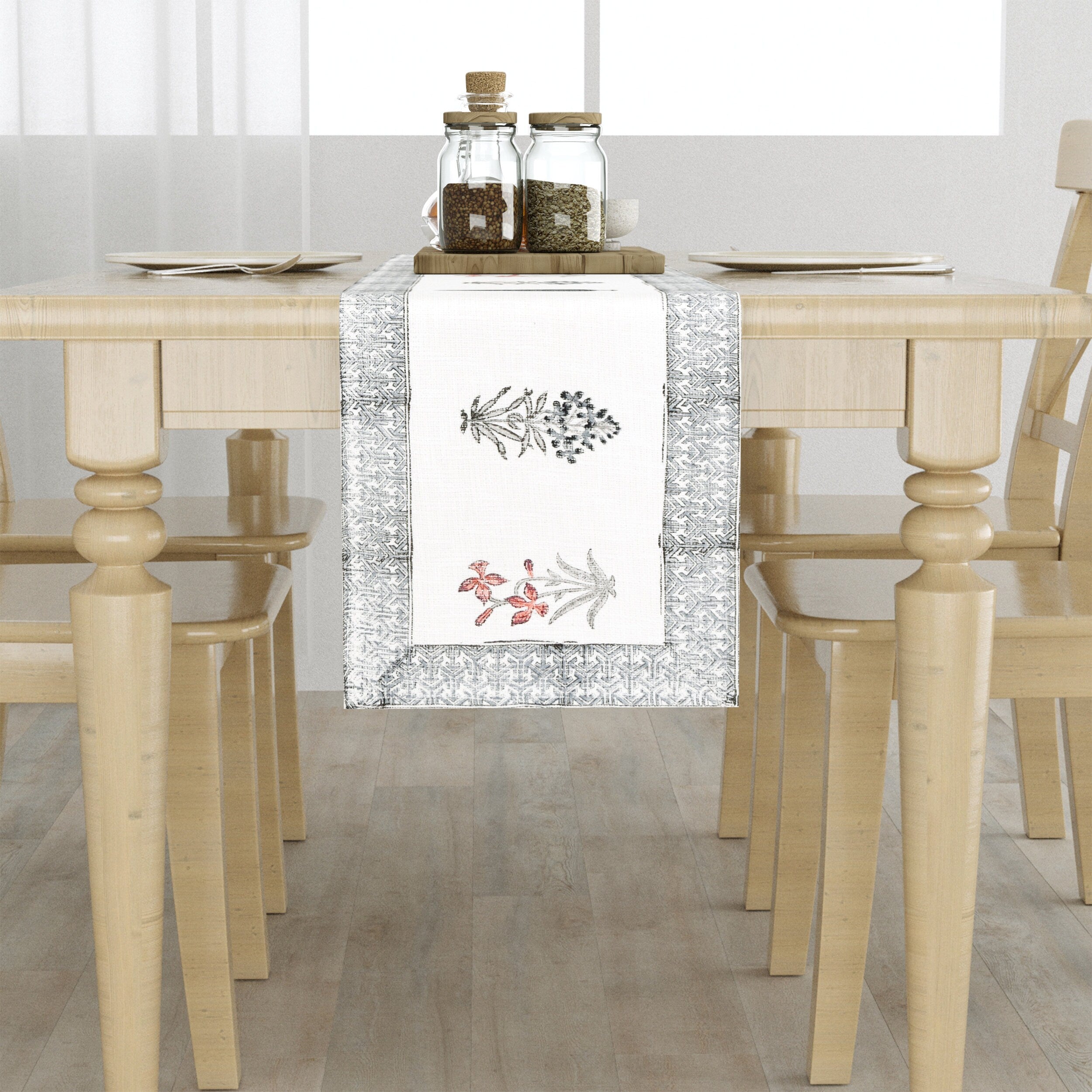 Hand Block Printed Cotton Table Runner - Mughal Farmhouse Decor with Indian Block Print