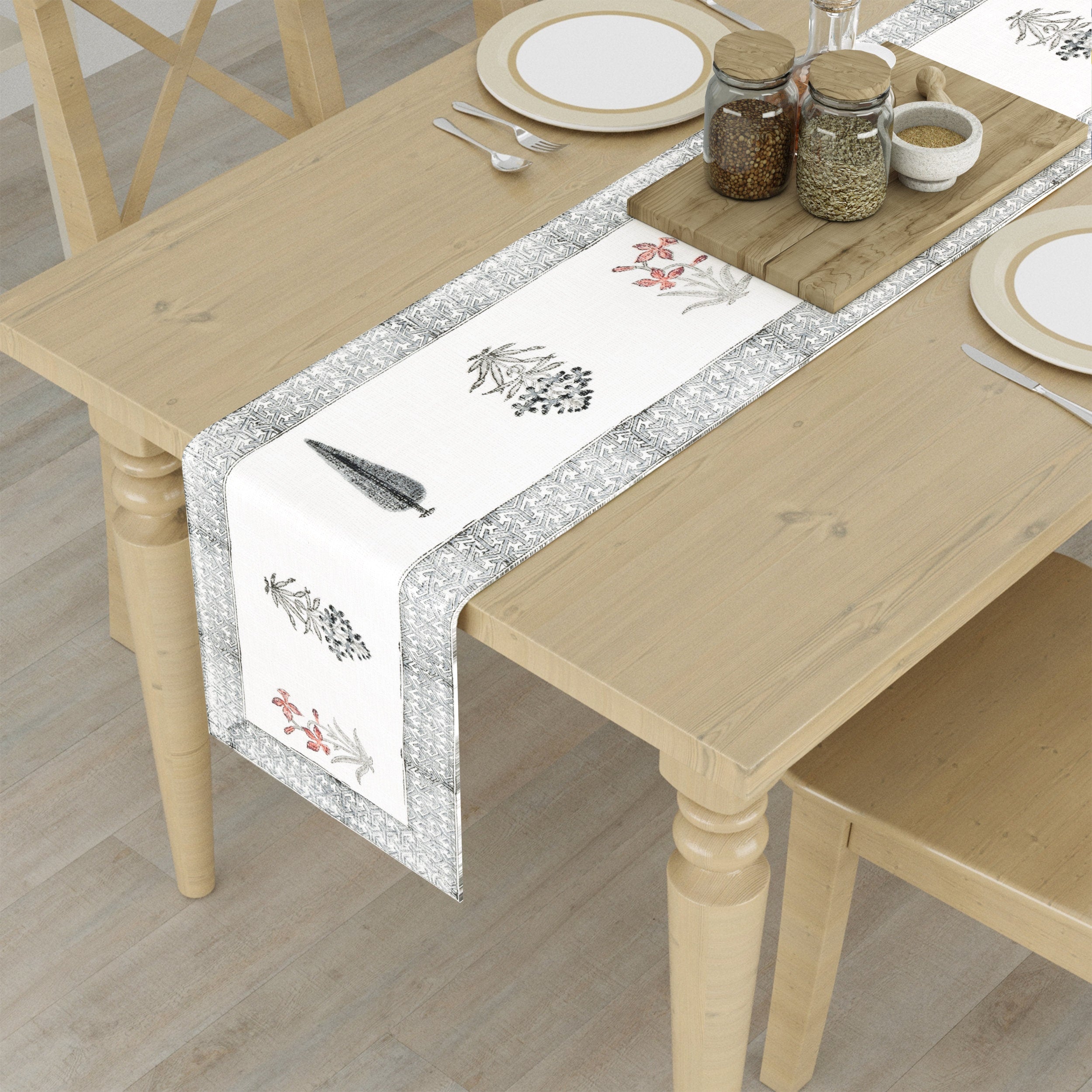 Hand Block Printed Cotton Table Runner - Mughal Farmhouse Decor with Indian Block Print