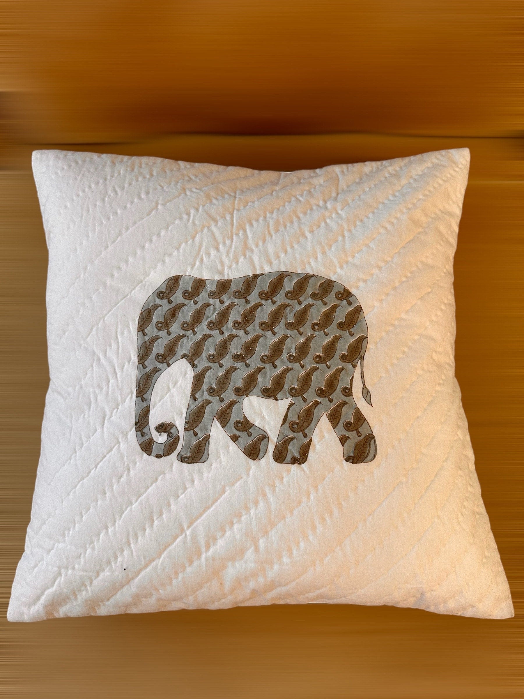 Hand Block Printed Cotton Cushion Cover: Quilted Elephant Pillow (16"x16")