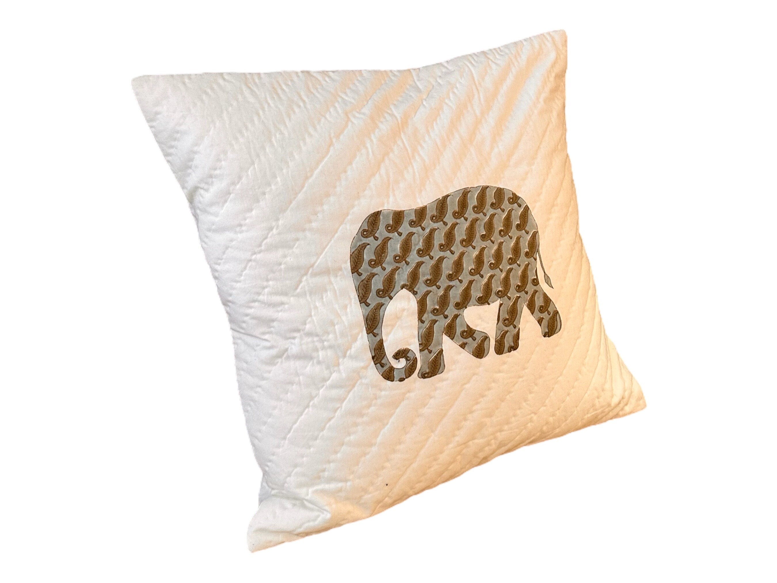 Hand Block Printed Cotton Cushion Cover: Quilted Elephant Pillow (16"x16")