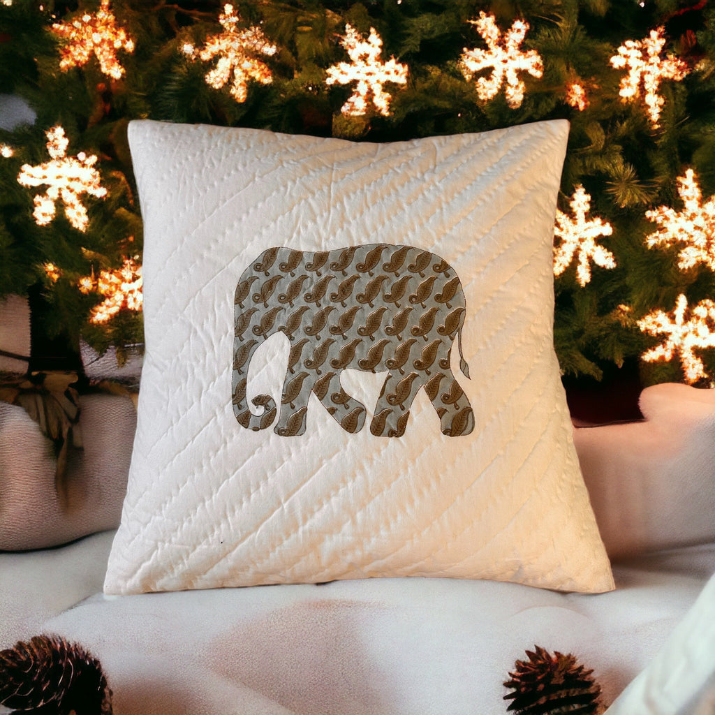 Hand Block Printed Cotton Cushion Cover: Quilted Elephant Pillow (16"x16")