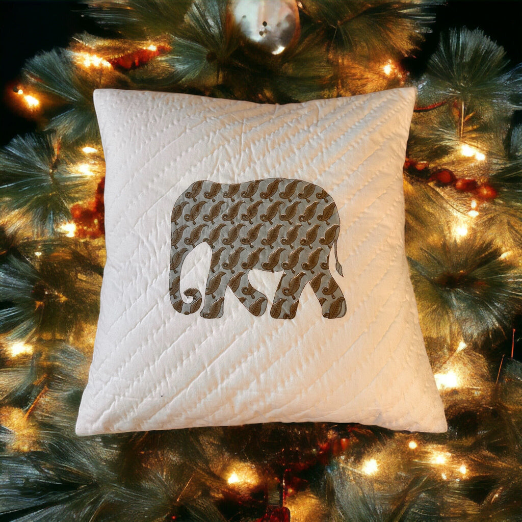 Hand Block Printed Cotton Cushion Cover: Quilted Elephant Pillow (16"x16")