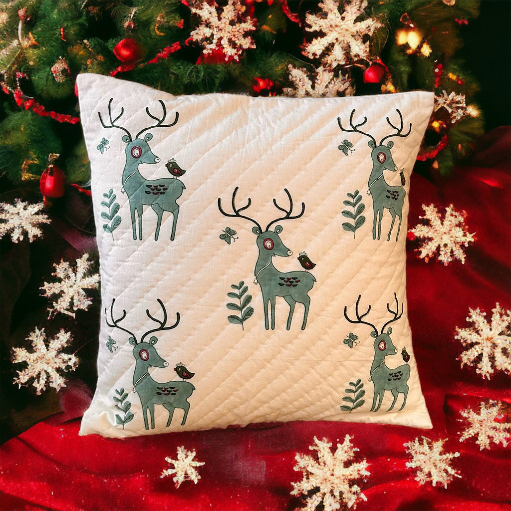 Hand Quilted Christmas Reindeer Pillow Cover – Hand Block Print Cotton Cushion