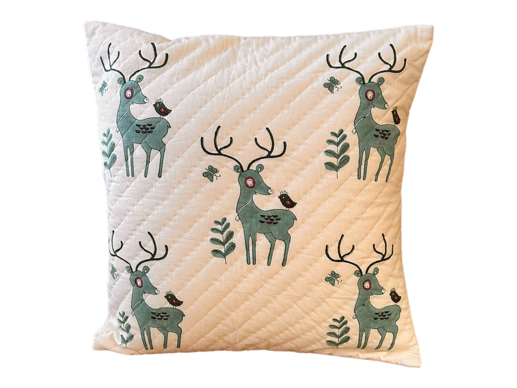 Hand Quilted Christmas Reindeer Pillow Cover – Hand Block Print Cotton Cushion