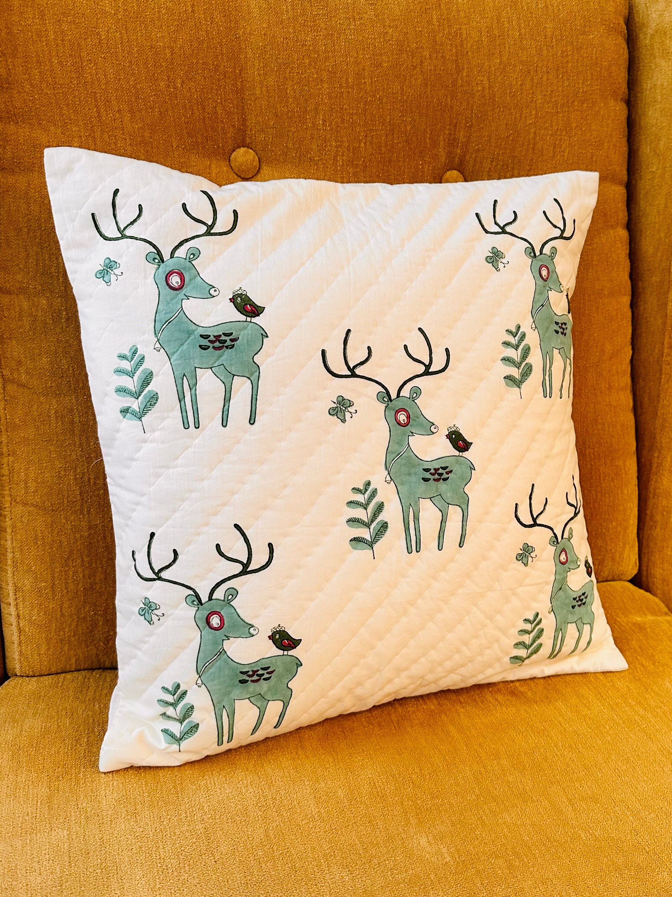 Hand Quilted Christmas Reindeer Pillow Cover – Hand Block Print Cotton Cushion