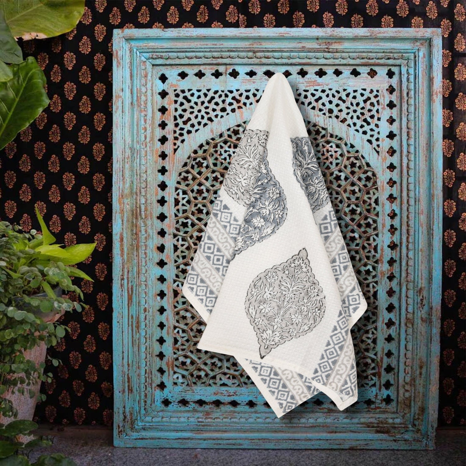 Indian Block Print Cotton Waffle Towel Set – Bath Hand Towels Bohemian Style