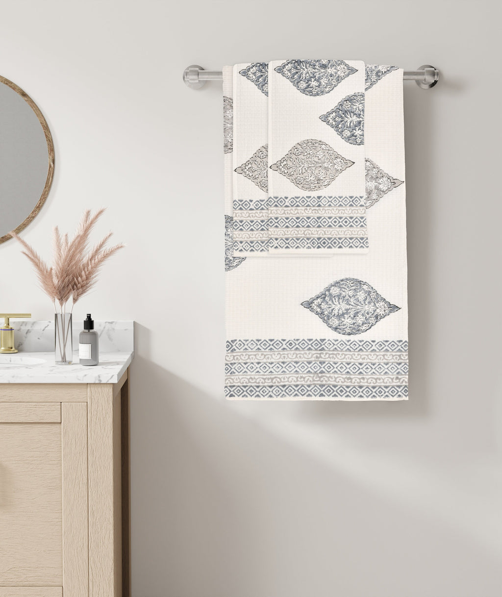 Indian Block Print Cotton Waffle Towel Set – Bath Hand Towels Bohemian Style