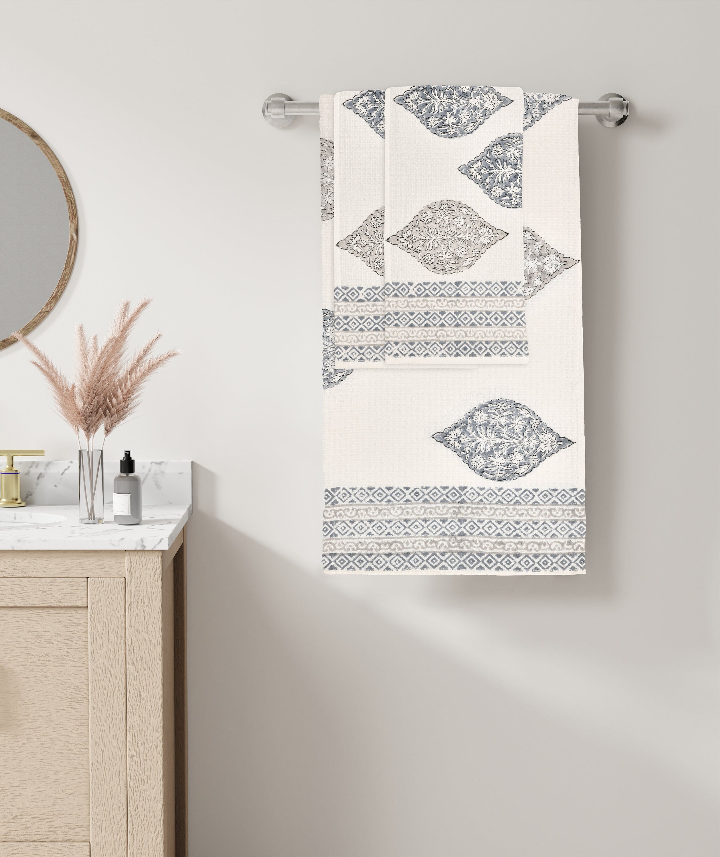 Indian Block Print Cotton Waffle Towel Set – Bath Hand Towels Bohemian Style