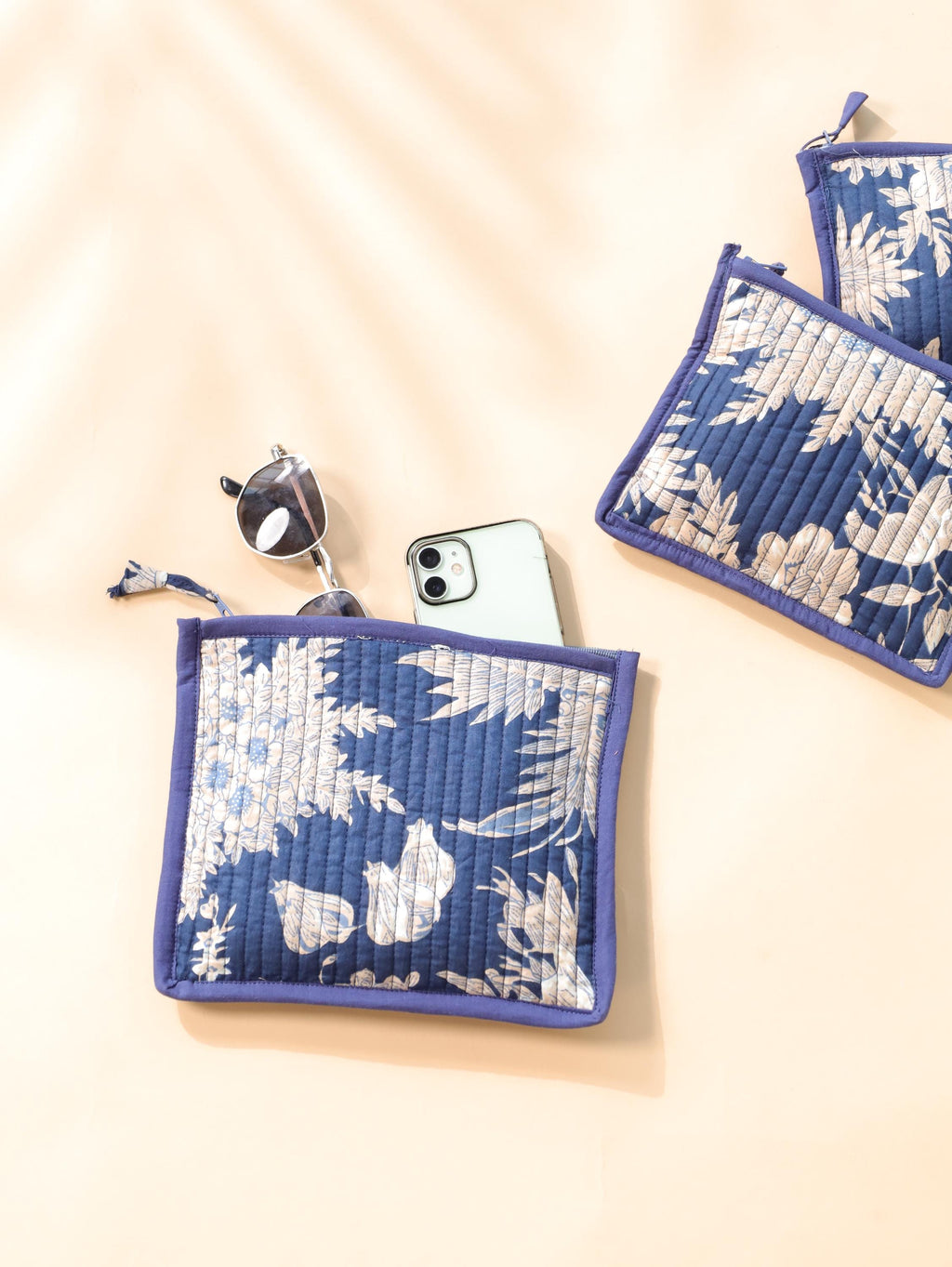 3-Piece Travel Pouch Organizer Set - Navy Blue White Floral Block Print Cosmetic & Jewelry Bags