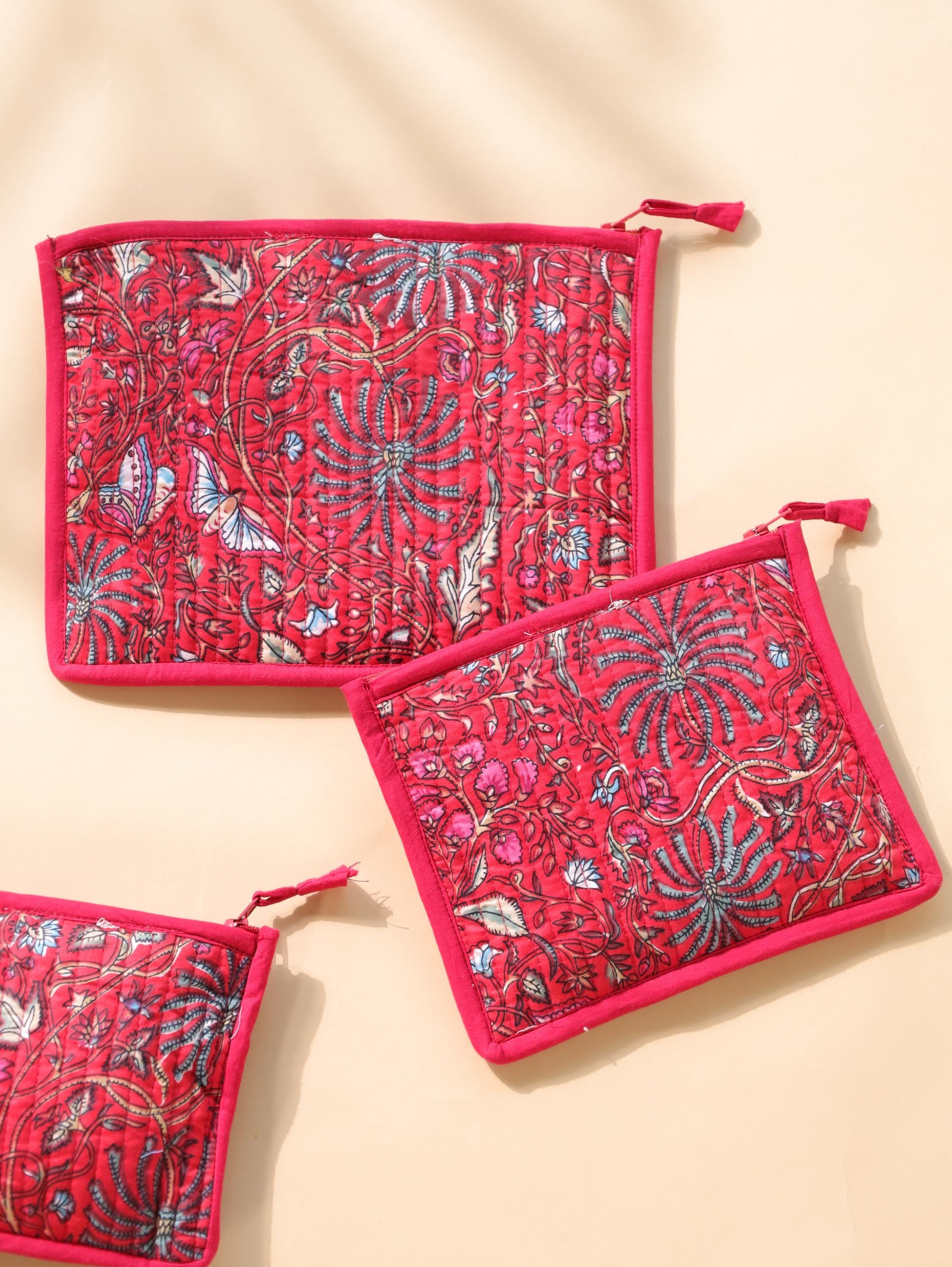 3-Piece Travel Pouch Organizer Set - Red Pink Floral Block Print Cosmetic & Jewelry Bags
