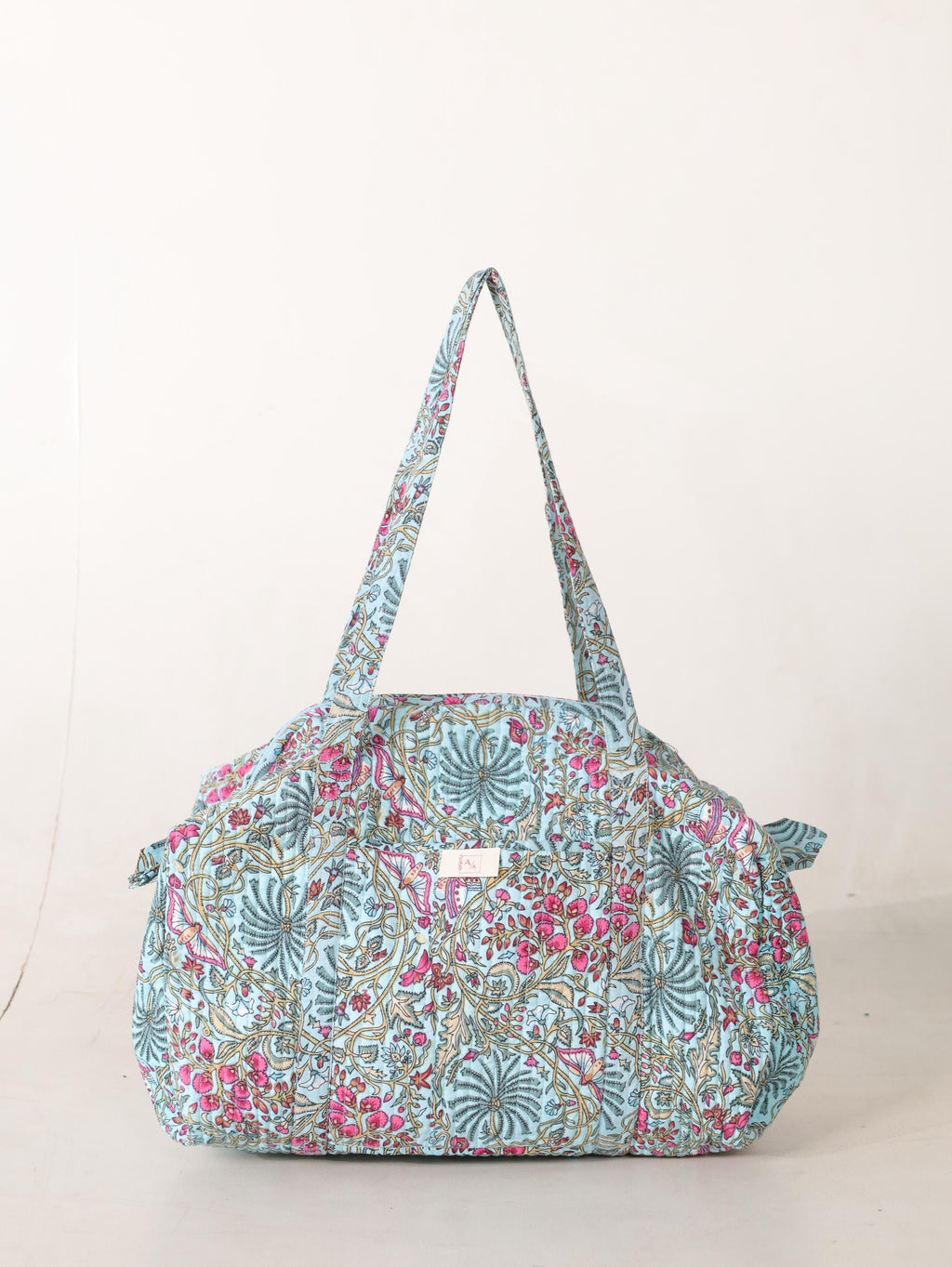 Handmade Floral Canvas Duffel Bag – Teal Aqua Botanical Weekend Travel Gym Bag