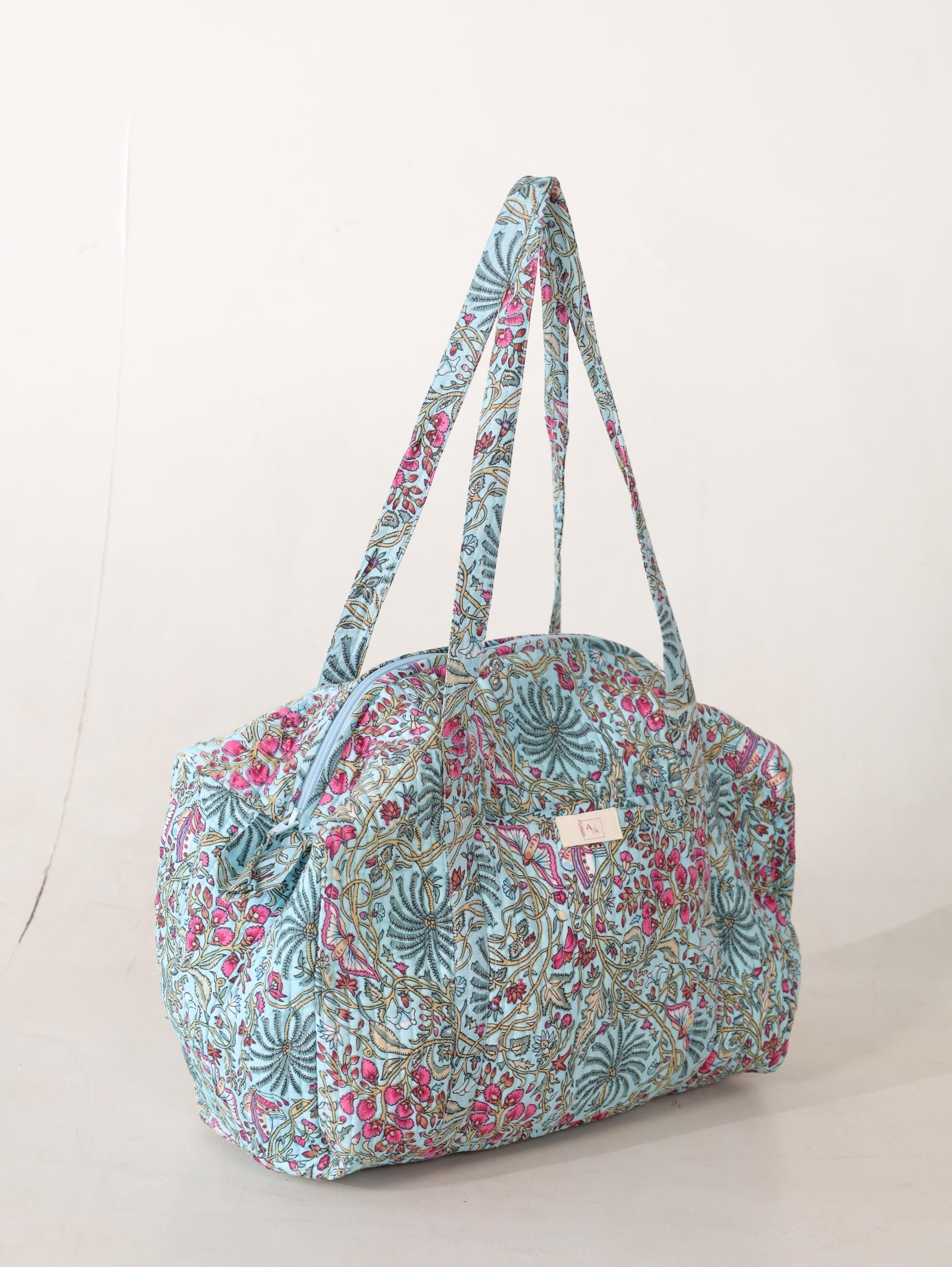 Handmade Floral Canvas Duffel Bag – Teal Aqua Botanical Weekend Travel Gym Bag