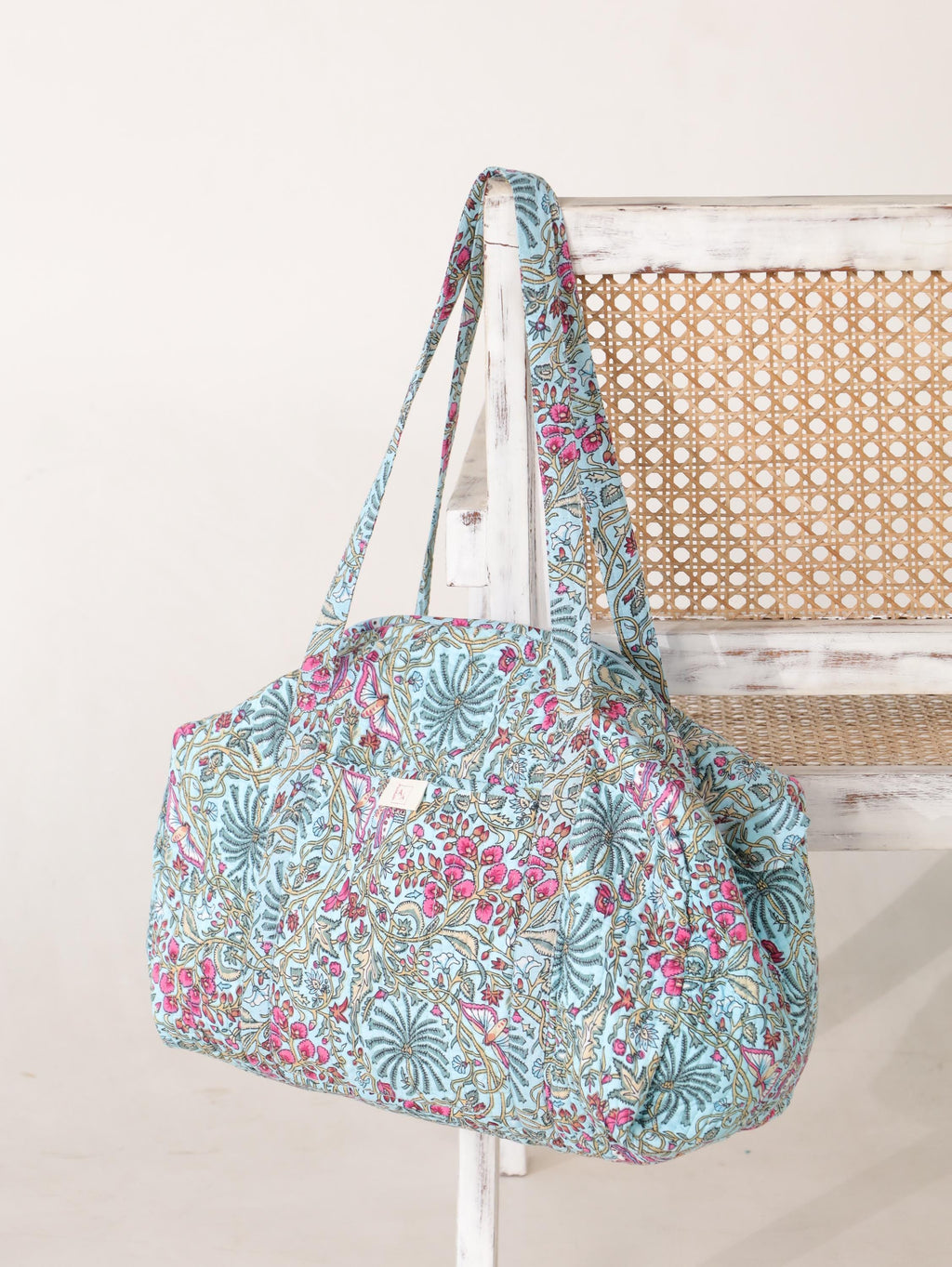Handmade Floral Canvas Duffel Bag – Teal Aqua Botanical Weekend Travel Gym Bag