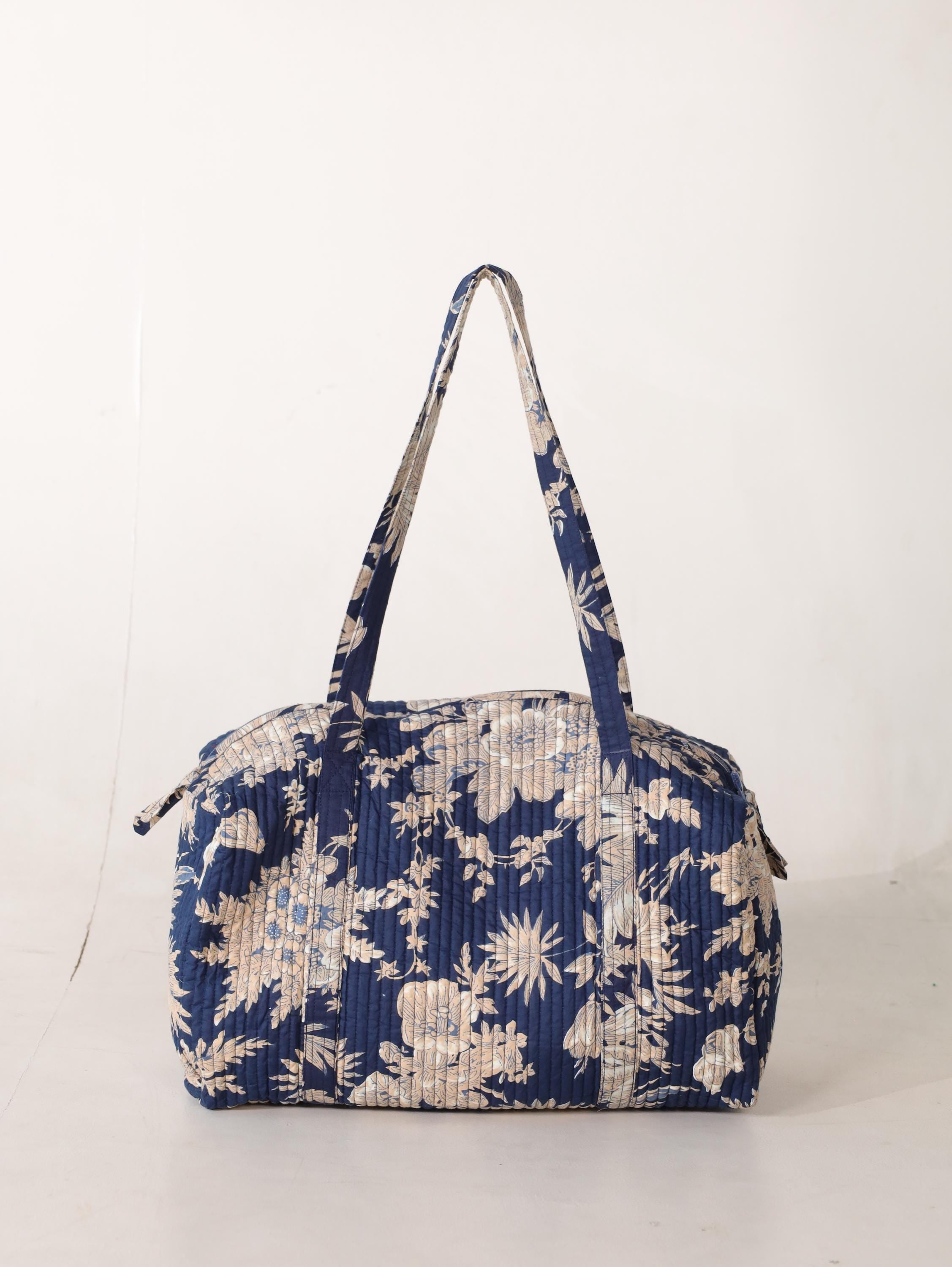 Handmade Canvas Duffel Bag - Navy Blue Floral Block Print Gym and Weekend Travel Bag
