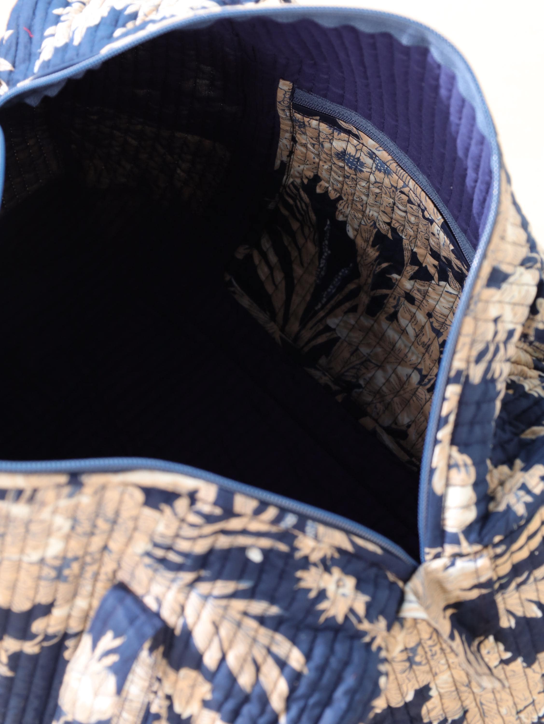 Handmade Canvas Duffel Bag - Navy Blue Floral Block Print Gym and Weekend Travel Bag