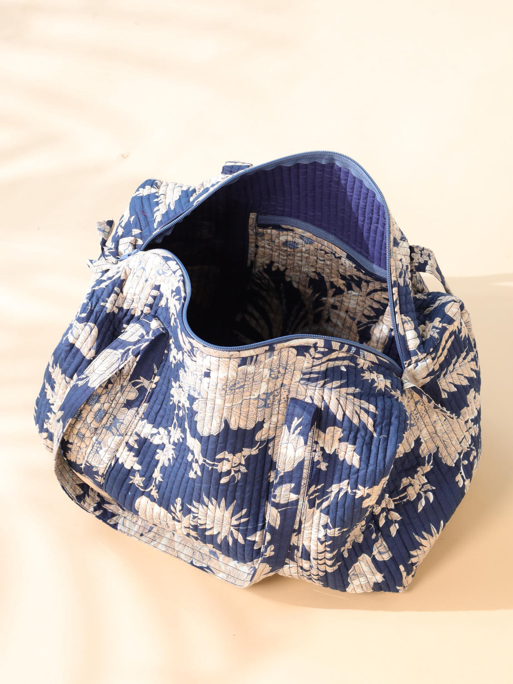 Handmade Canvas Duffel Bag - Navy Blue Floral Block Print Gym and Weekend Travel Bag