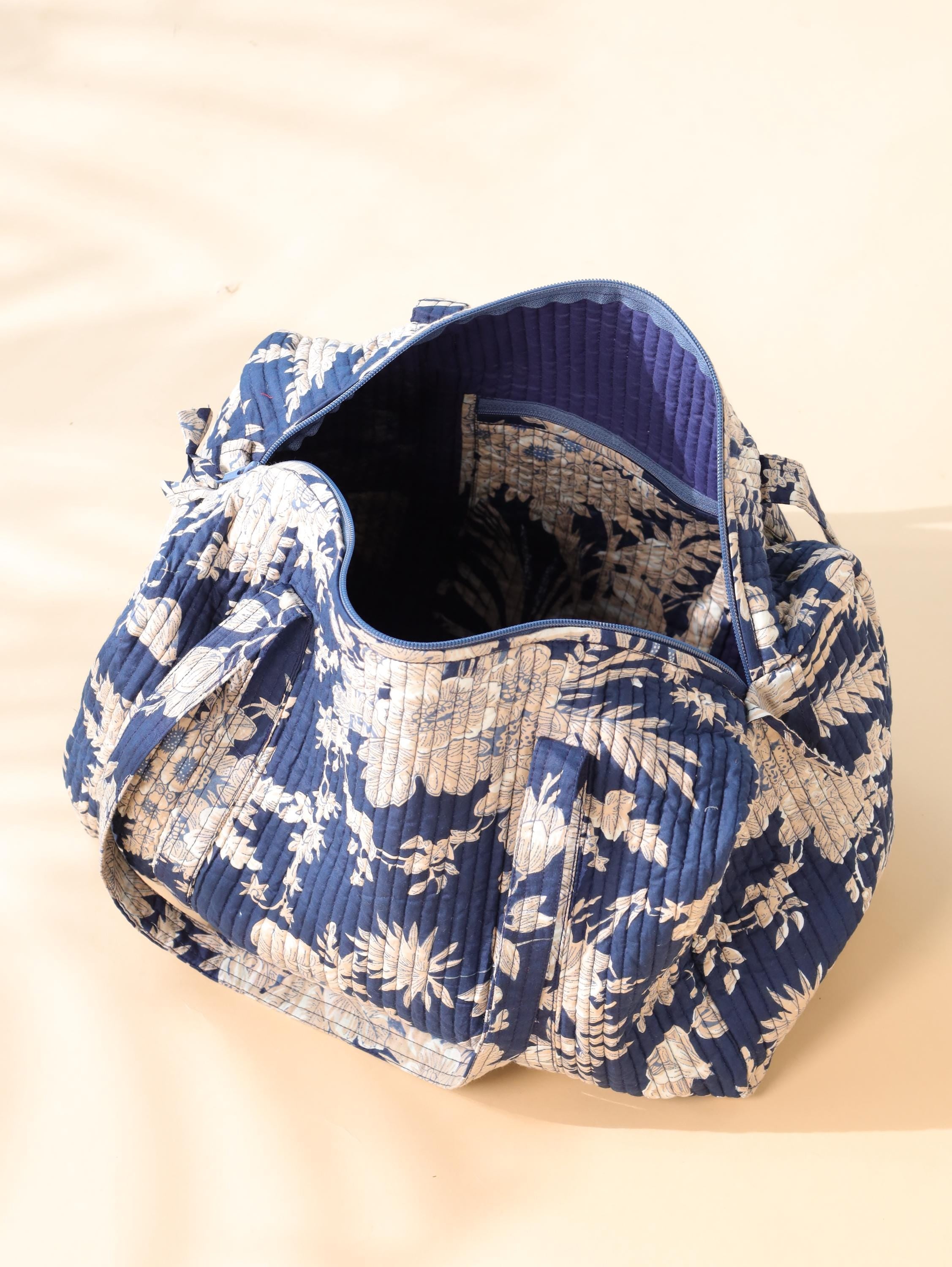 Handmade Canvas Duffel Bag - Navy Blue Floral Block Print Gym and Weekend Travel Bag