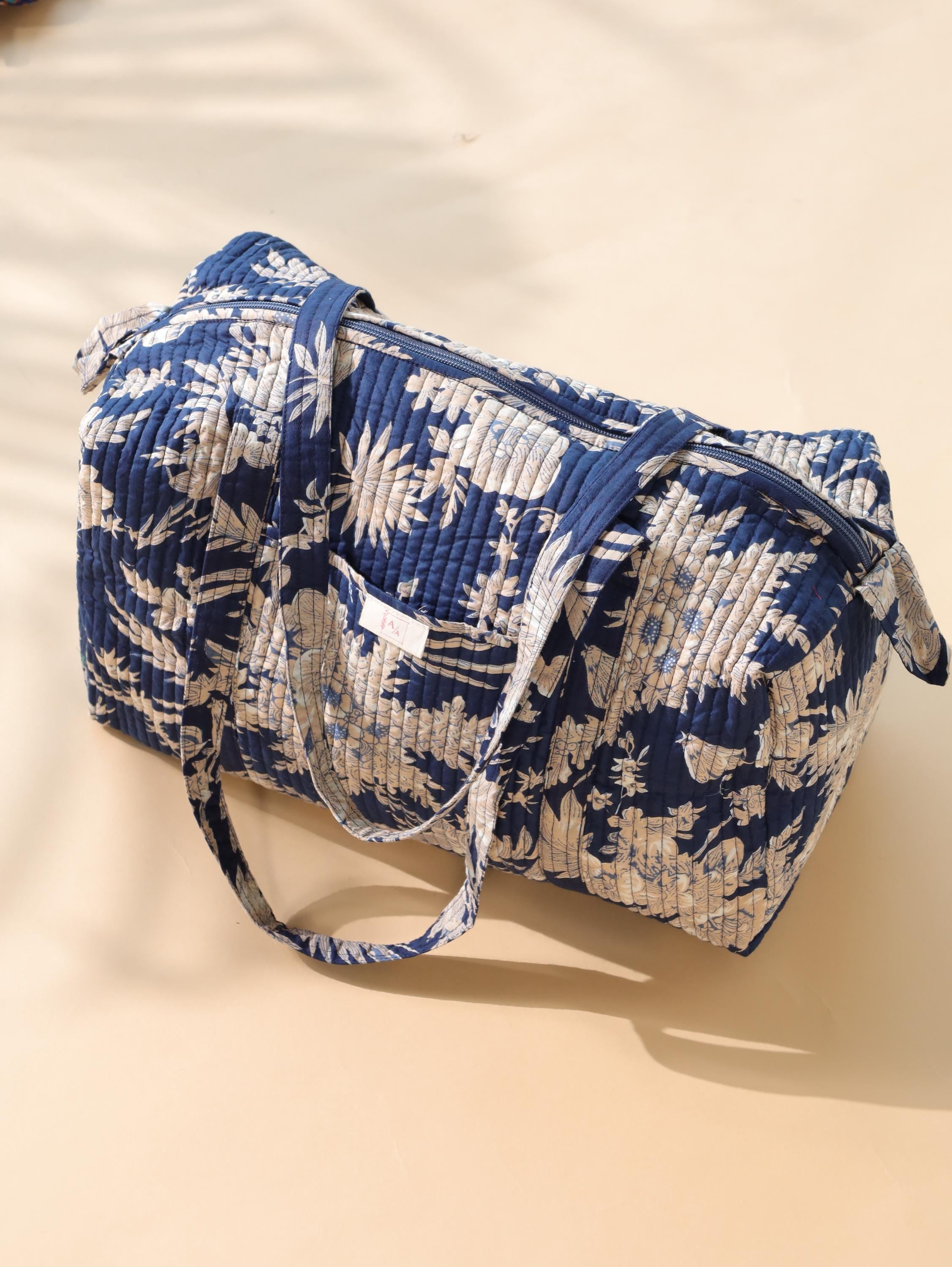Handmade Canvas Duffel Bag - Navy Blue Floral Block Print Gym and Weekend Travel Bag