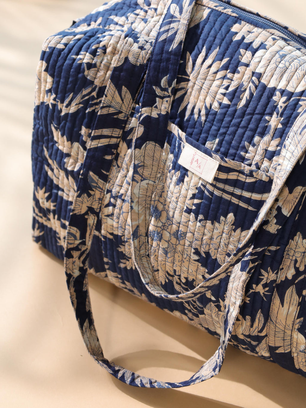 Handmade Canvas Duffel Bag - Navy Blue Floral Block Print Gym and Weekend Travel Bag