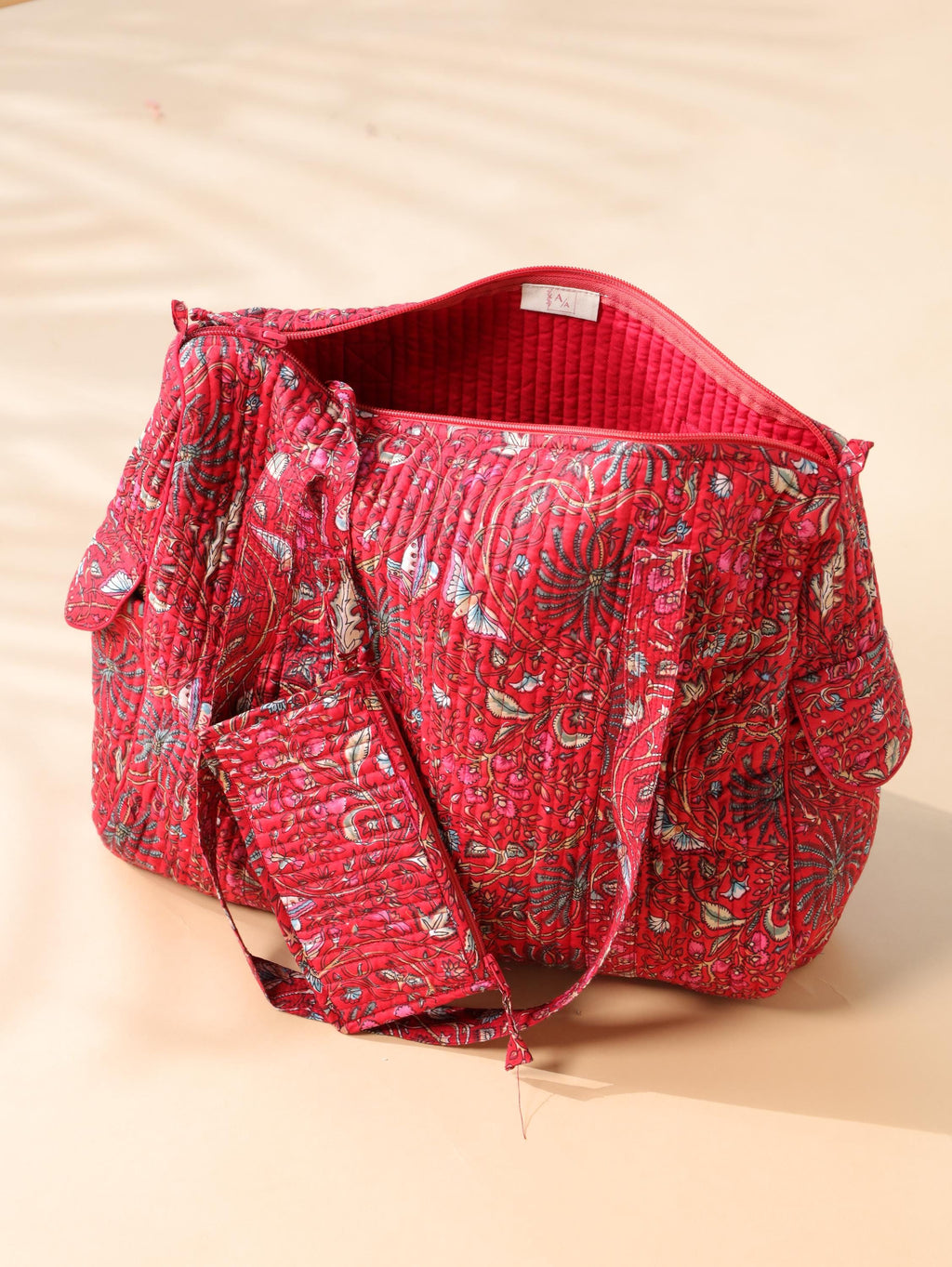Handcrafted Cotton Weekender Bag - Floral Travel Tote in Red Pink Floral