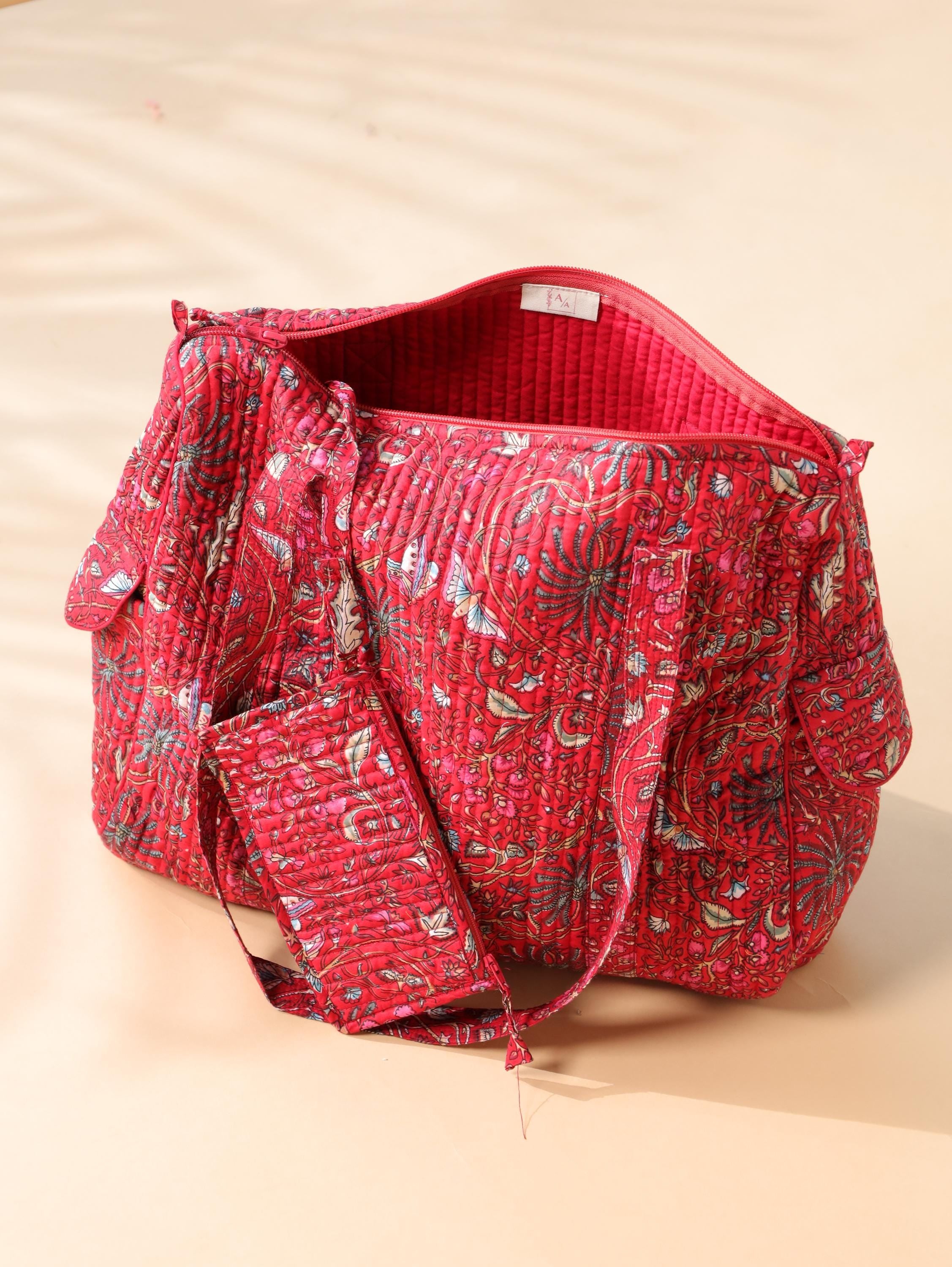 Handcrafted Cotton Weekender Bag - Floral Travel Tote in Red Pink Floral